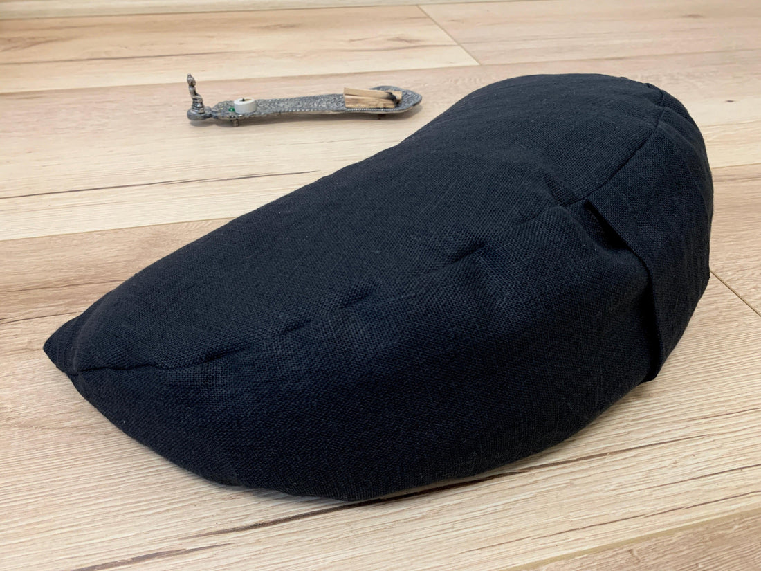 Black linen meditation Cresсent cushion filled with buckwheat hulls gift for him Yoga support pillow
