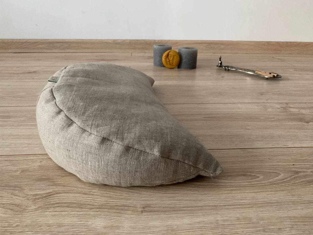 Linen meditation Cresсent cushion filled with buckwheat hulls
