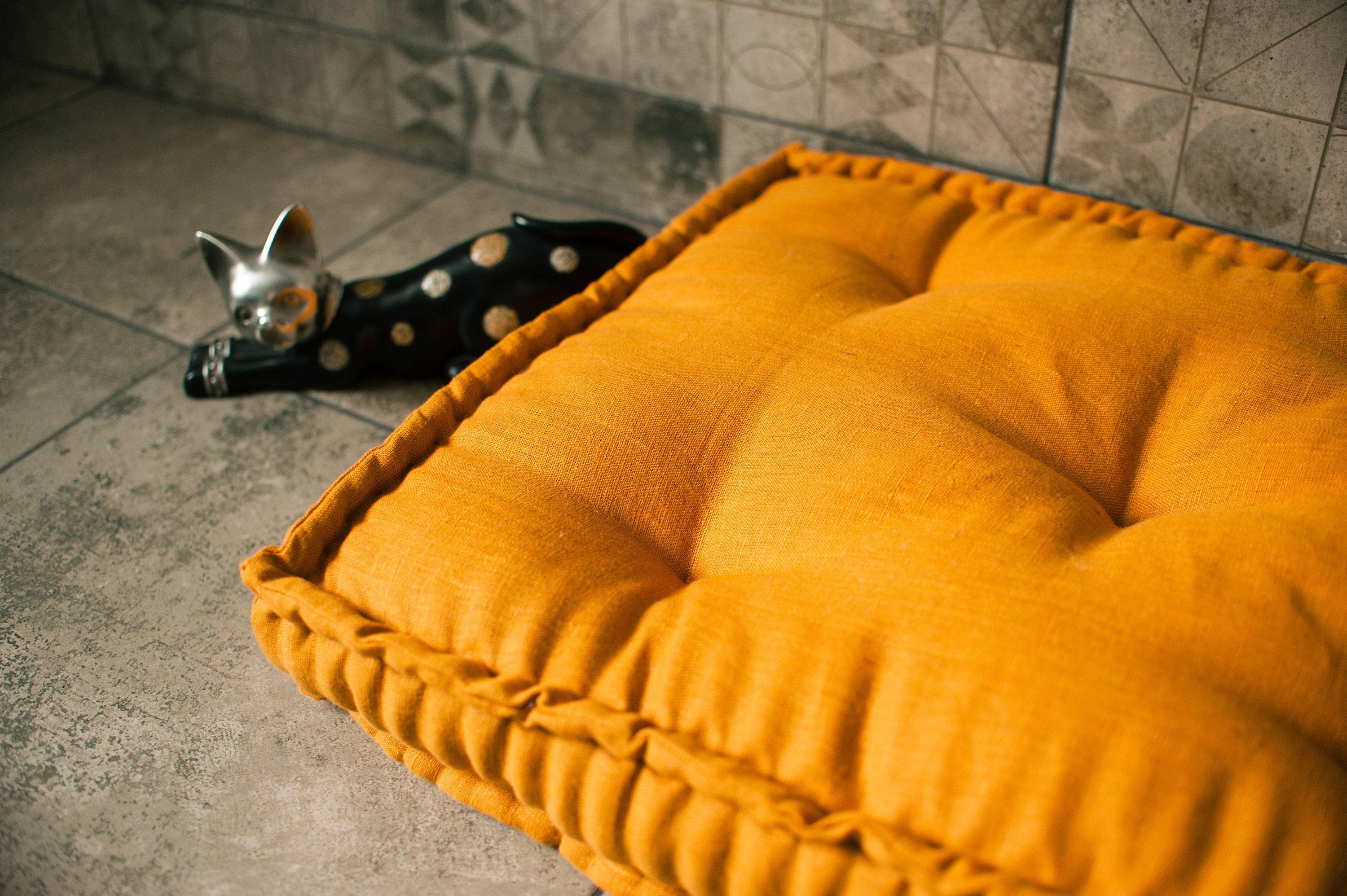 Mustard Hemp Floor cushion with organic hemp fiber filling in linen fabric / floor pillow Pillow seat/Meditation Yoga /Natural