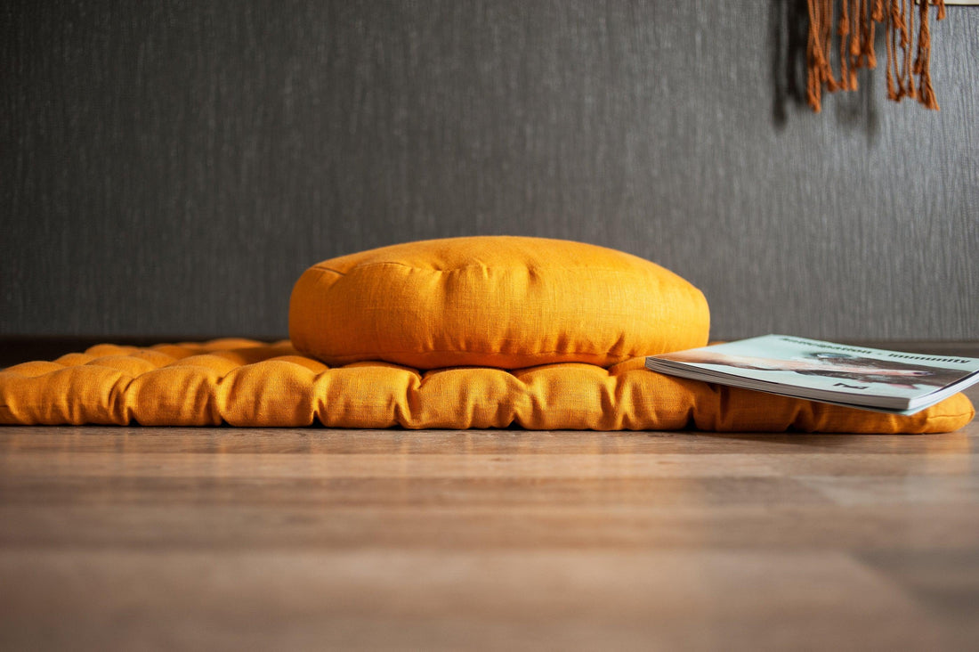 Mustard Linen Set Zafu & Zabuton Buckwheat hulls/for Yoga studio/Large floor Linen cushion Organic Meditation