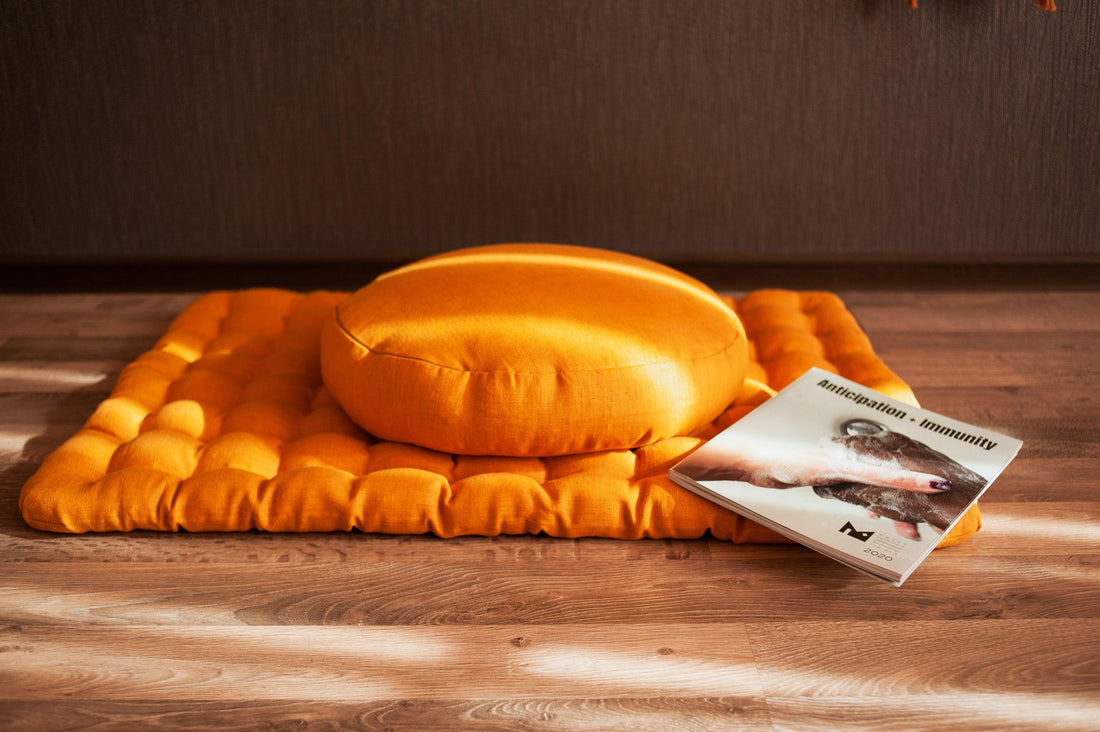 Mustard Linen Set Zafu & Zabuton Buckwheat hulls/for Yoga studio/Large floor Linen cushion Organic Meditation