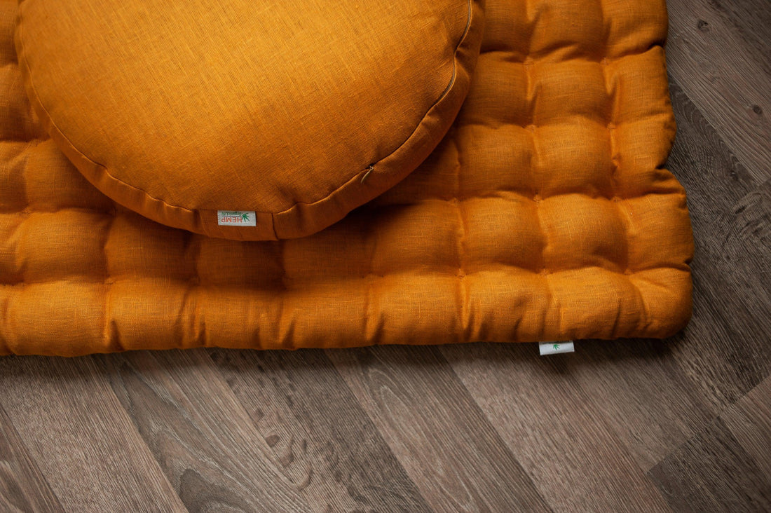 Mustard Linen Set Zafu & Zabuton Buckwheat hulls/for Yoga studio/Large floor Linen cushion Organic Meditation