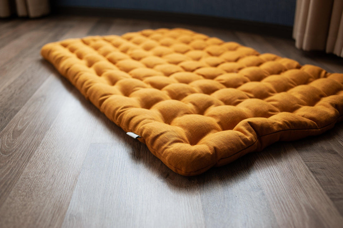 Mustard Linen Set Zafu & Zabuton Buckwheat hulls/for Yoga studio/Large floor Linen cushion Organic Meditation