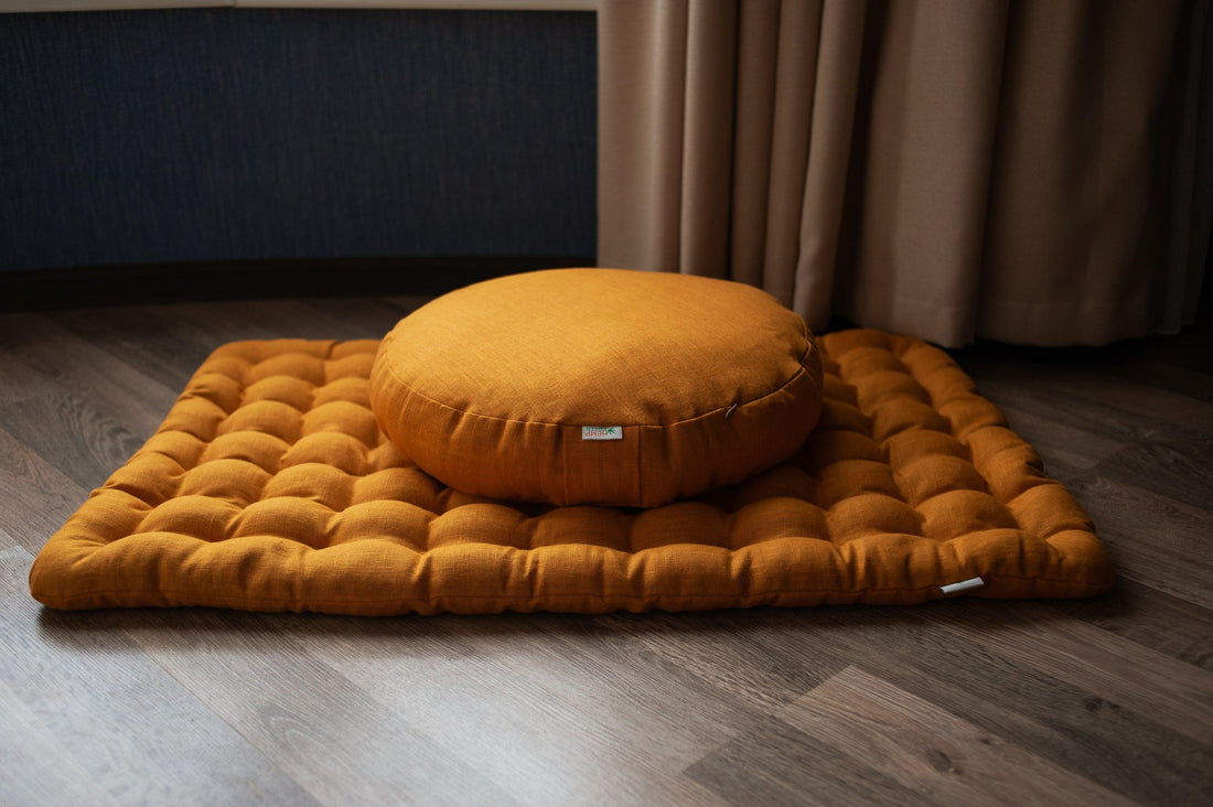 Mustard Linen Set Zafu & Zabuton Buckwheat hulls/for Yoga studio/Large floor Linen cushion Organic Meditation