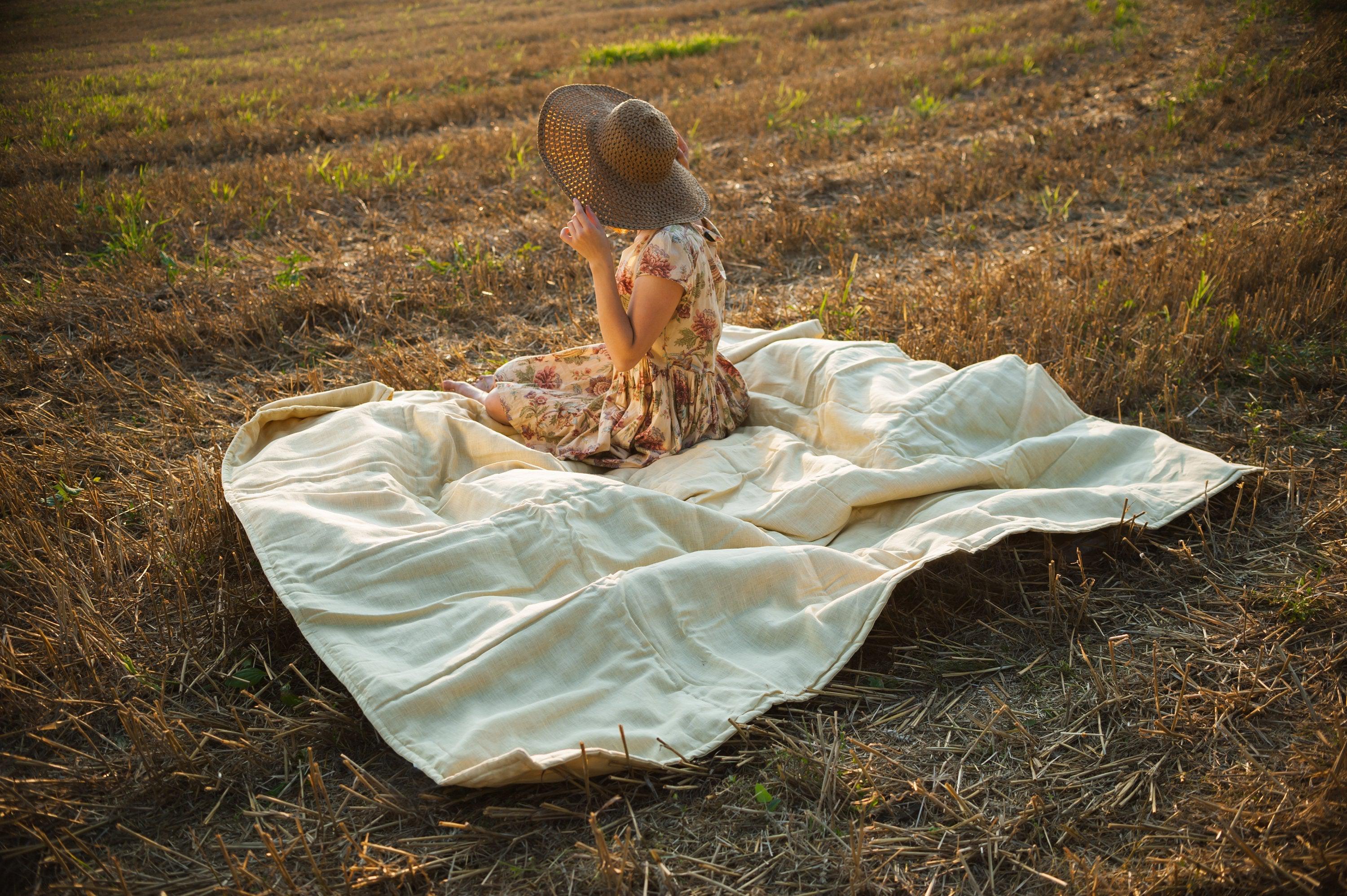 Organic HEMP + FLAX blanket "Sunshine" quilt linen natural fabric with filler organic Hemp fiber