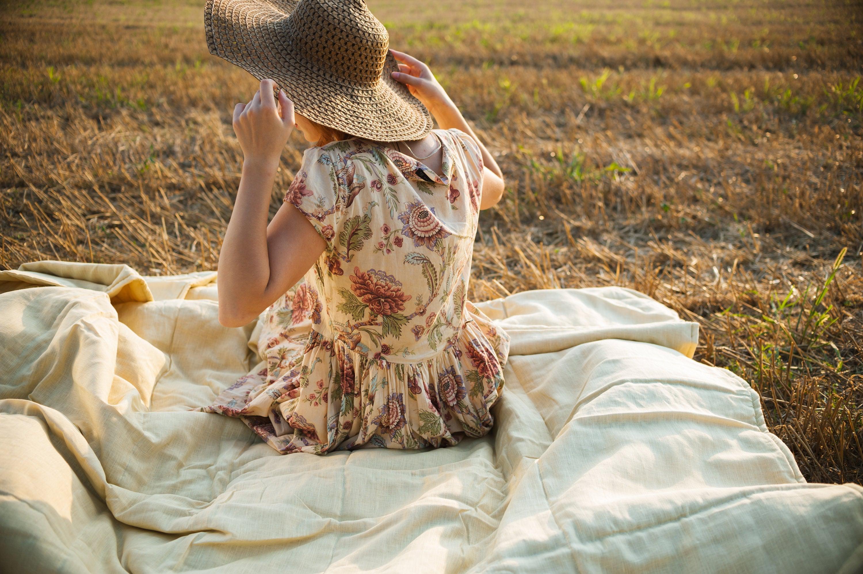 Organic HEMP + FLAX blanket "Sunshine" quilt linen natural fabric with filler organic Hemp fiber