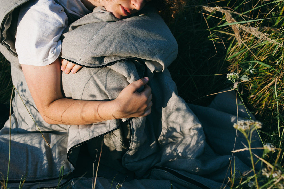 Organic HEMP Sleeping bag in linen fabric- organic hemp fiber filling + linen non-dyed fabric - blanket quilt, hand made