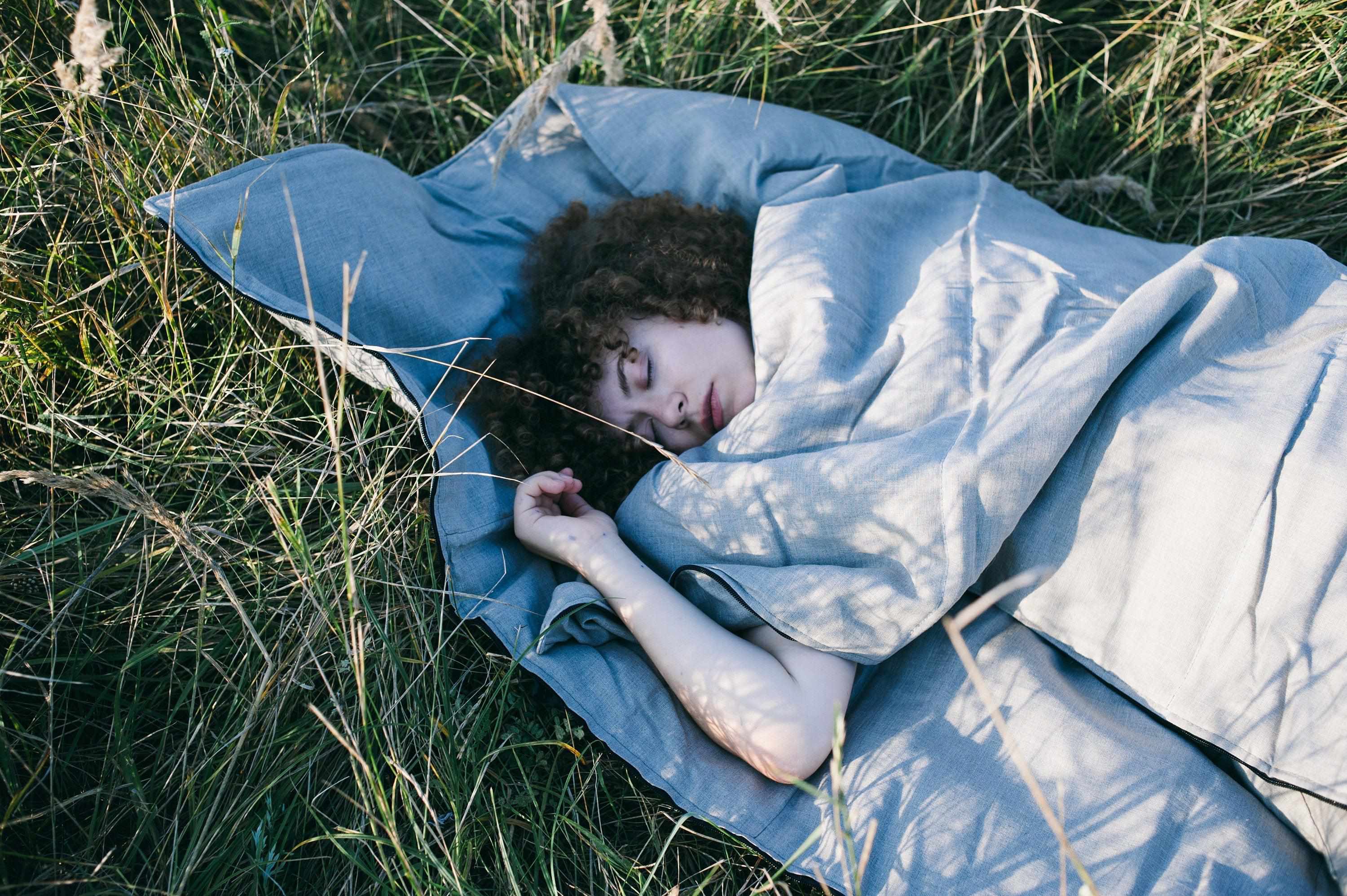 Organic HEMP Sleeping bag in linen fabric- organic hemp fiber filling + linen non-dyed fabric - blanket quilt, hand made