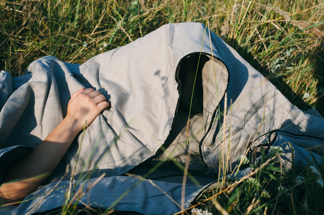 Organic HEMP Sleeping bag in linen fabric- organic hemp fiber filling + linen non-dyed fabric - blanket quilt, hand made