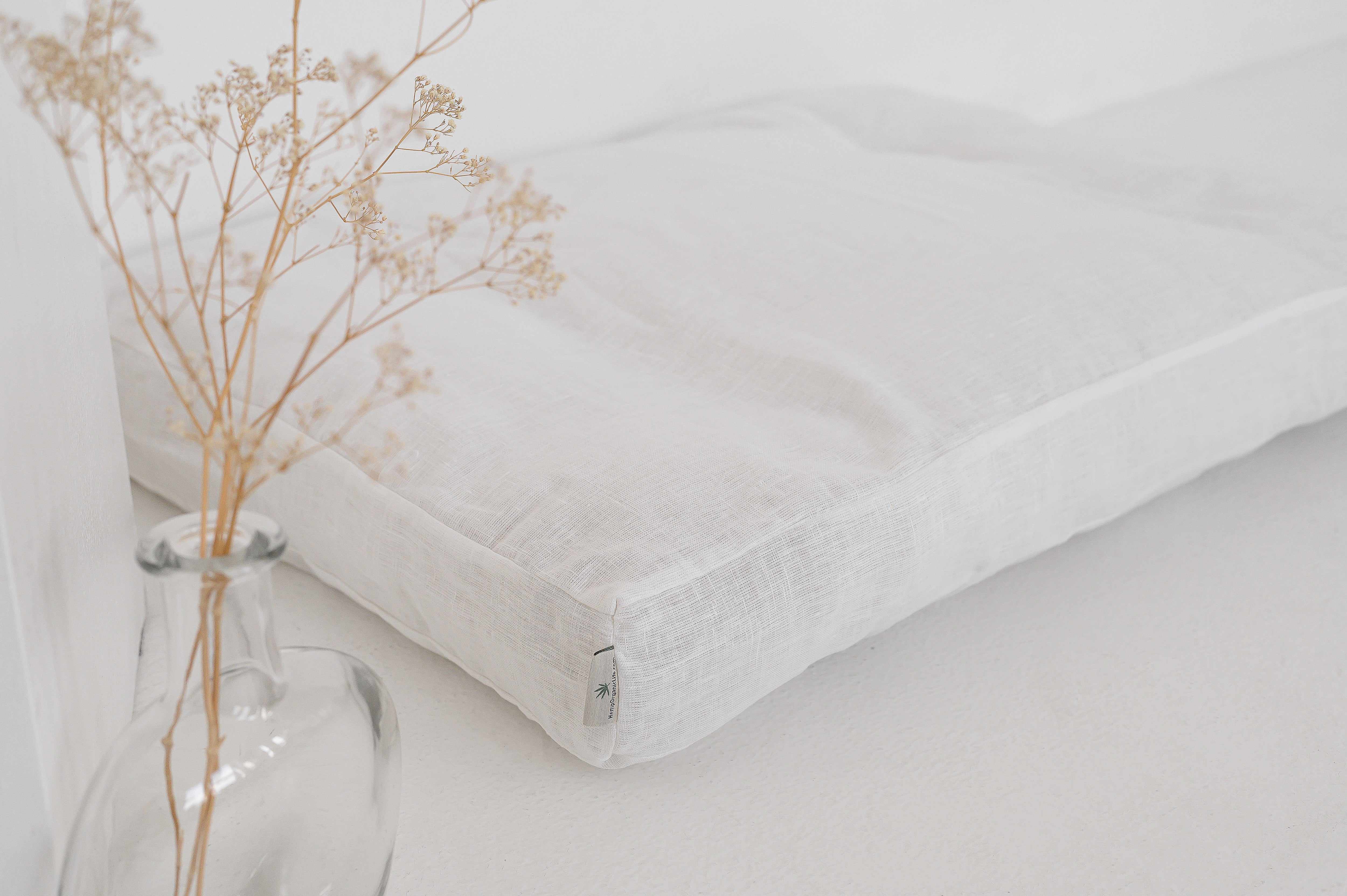 Hemp Linen pet mat pad mattress cushion with two removable White linen covers organic hemp fiber filler in white linen fabric