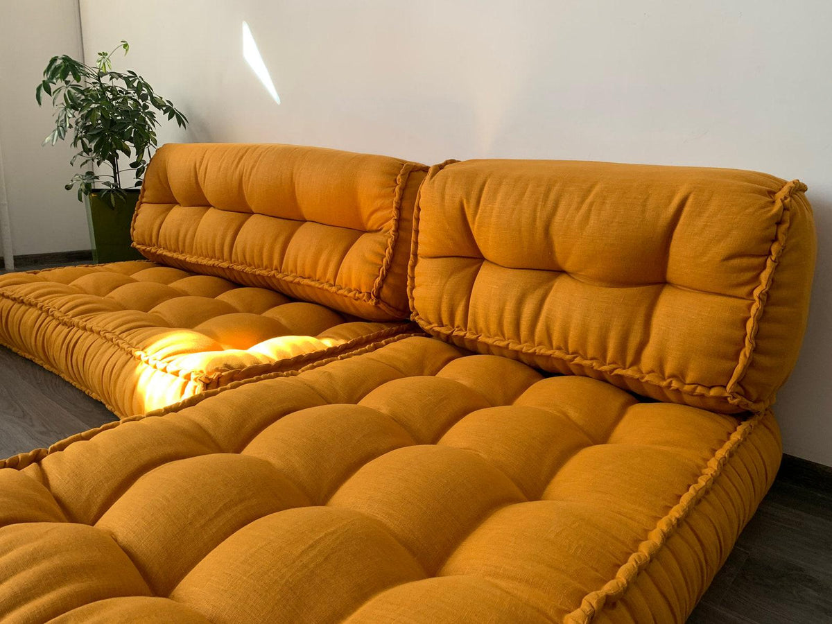 Unique Set of Hemp Floor Cushions: Two 49x29x7.8, Plus Back Cushions of  49x16x7.8 and 29x16x7.8 With Organic Hemp Fiber Filling 