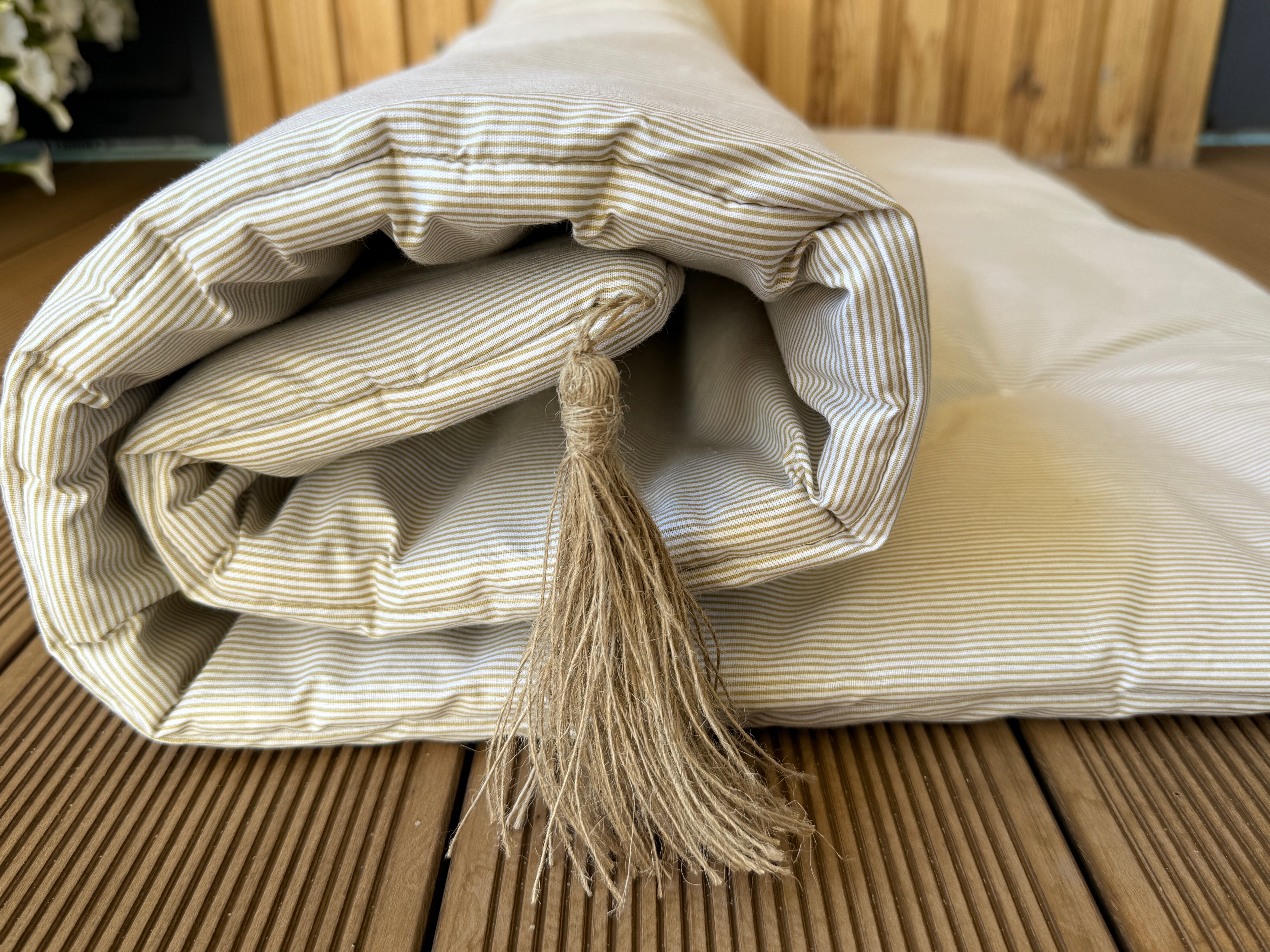 29"x94" (75x240 cm) Unique Hemp filled Washable Furniture Sofa Protector in cotton fabric in beige stripes with two tassels