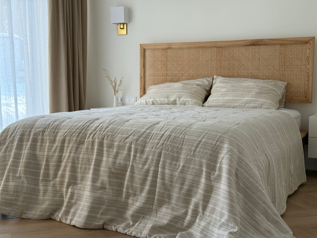 Organic Hemp Linen Quilt Blanket Hemp Fiber Fill, "Country stripes" quilted