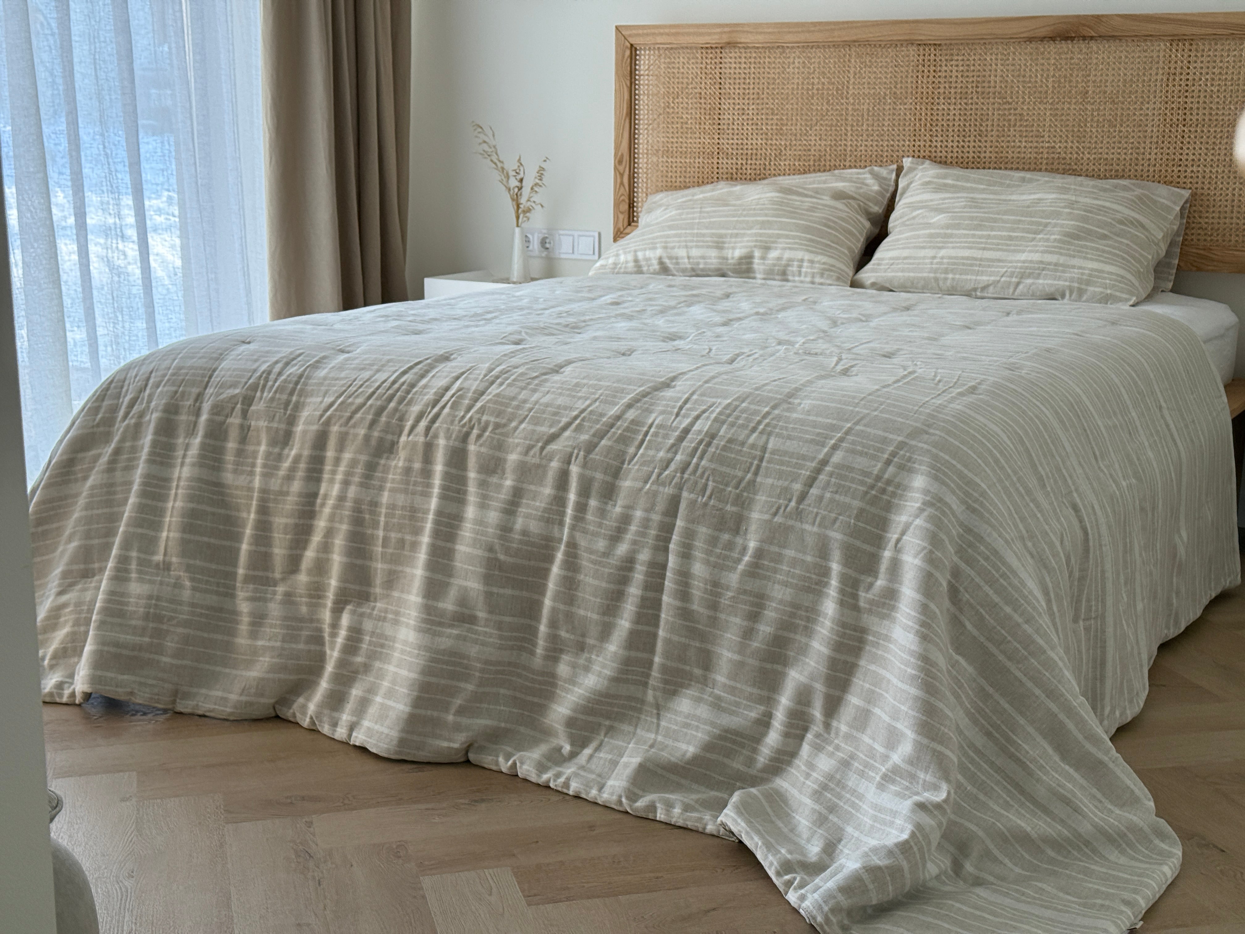 Organic Hemp Linen Quilt Blanket Hemp Fiber Fill, "Country stripes" quilted