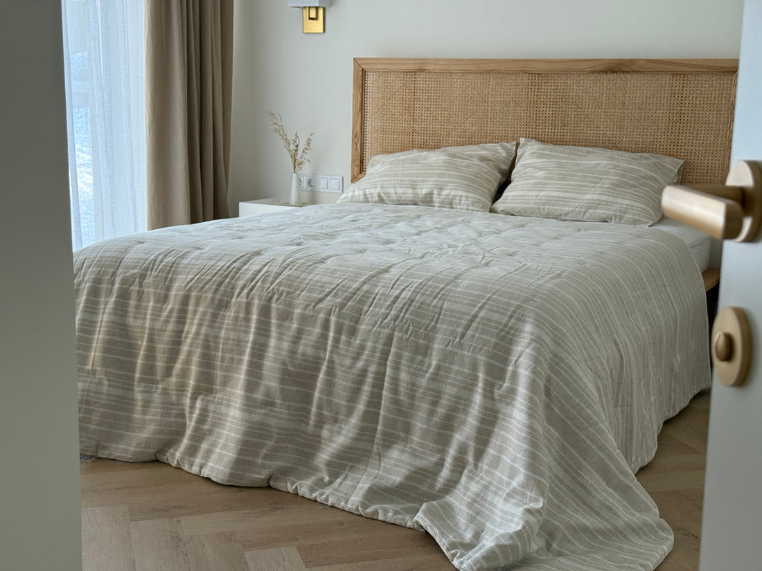 Organic Hemp Linen Quilt Blanket Hemp Fiber Fill, "Country stripes" quilted