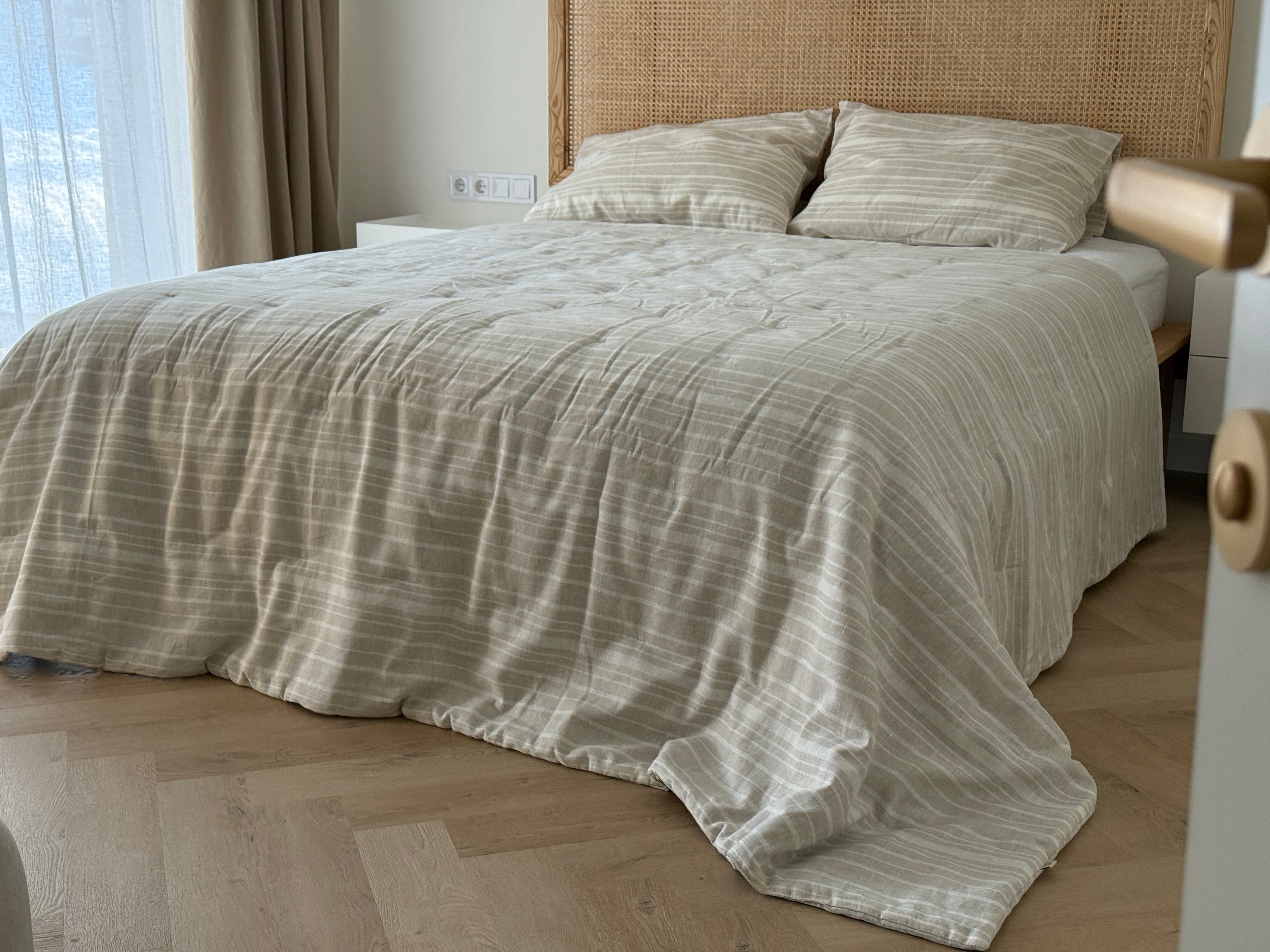Organic Hemp Linen Quilt Blanket Hemp Fiber Fill, "Country stripes" quilted