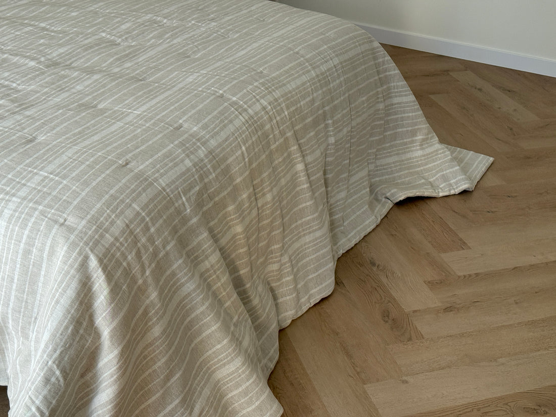 Organic Hemp Linen Quilt Blanket Hemp Fiber Fill, "Country stripes" quilted