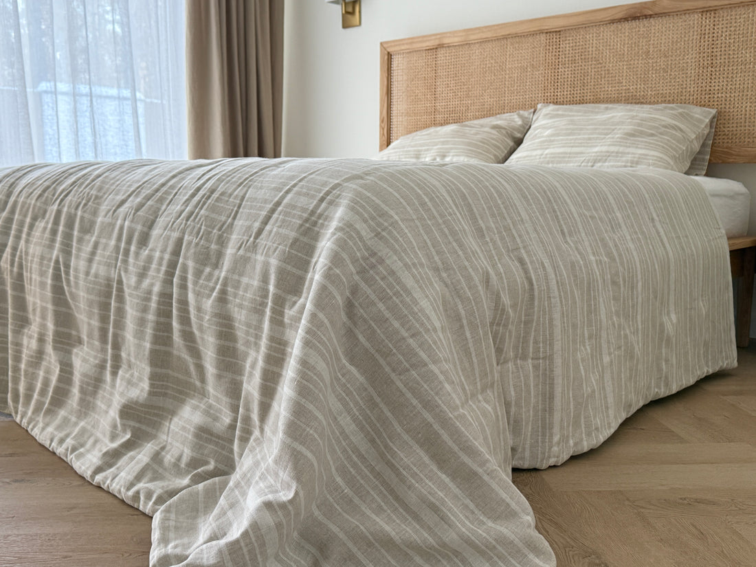 Organic Hemp Linen Quilt Blanket Hemp Fiber Fill, "Country stripes" quilted