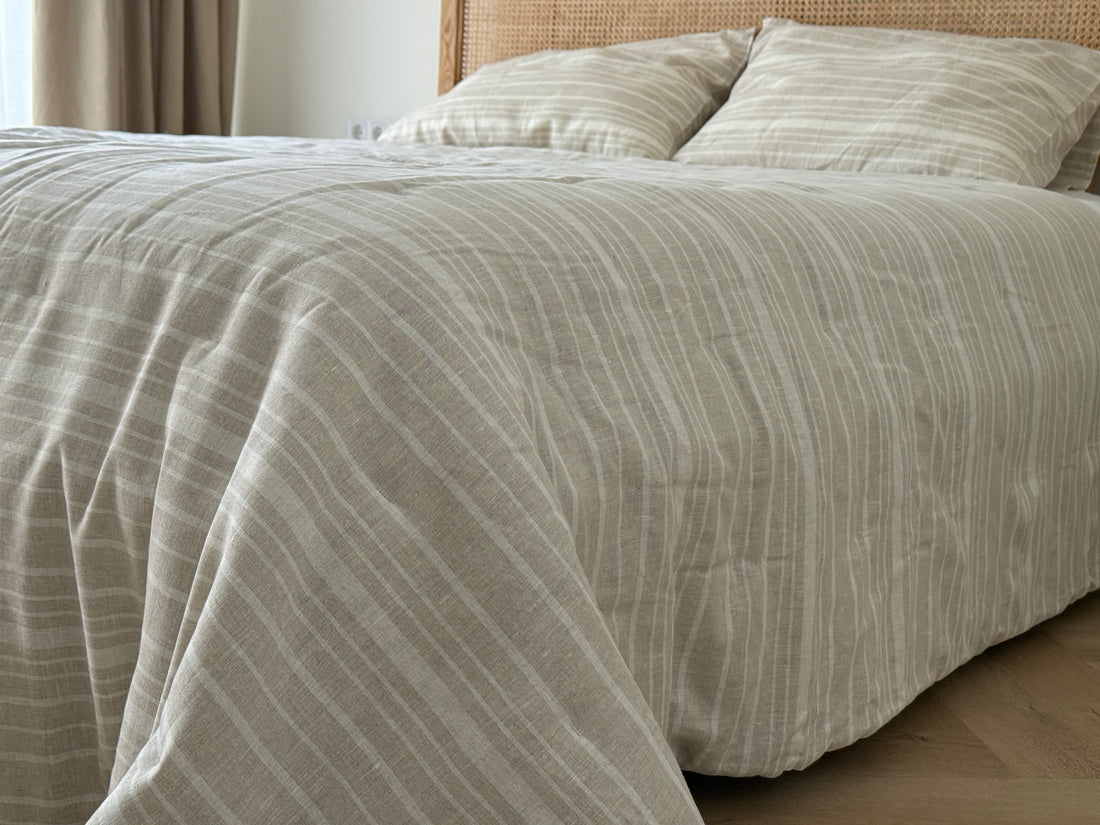 Organic Hemp Linen Quilt Blanket Hemp Fiber Fill, "Country stripes" quilted