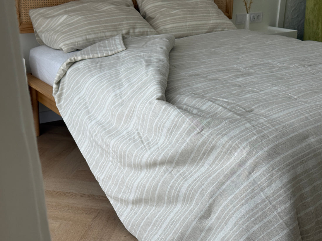 Organic Hemp Linen Quilt Blanket Hemp Fiber Fill, "Country stripes" quilted