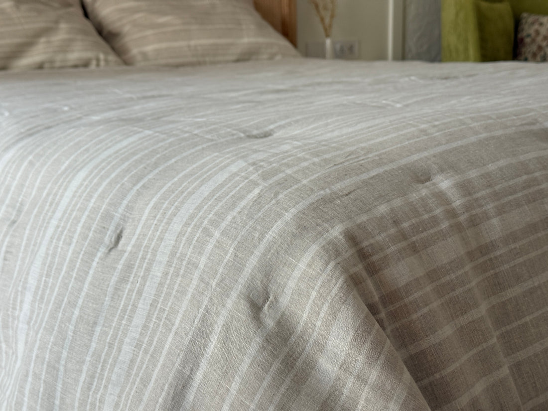 Organic Hemp Linen Quilt Blanket Hemp Fiber Fill, "Country stripes" quilted