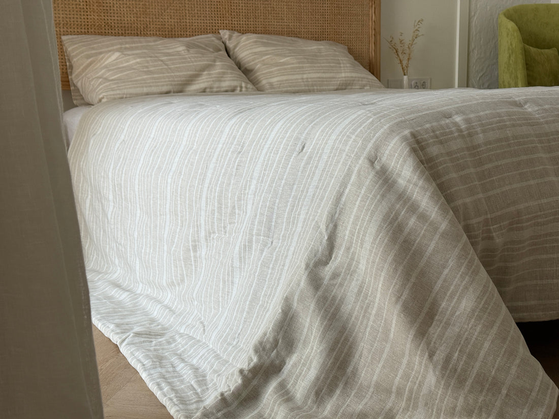 Organic Hemp Linen Quilt Blanket Hemp Fiber Fill, "Country stripes" quilted