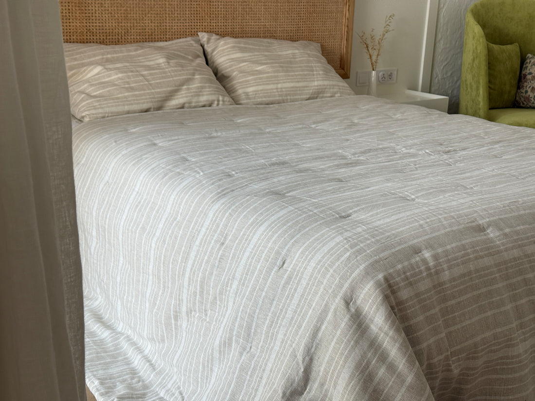 Organic Hemp Linen Quilt Blanket Hemp Fiber Fill, "Country stripes" quilted
