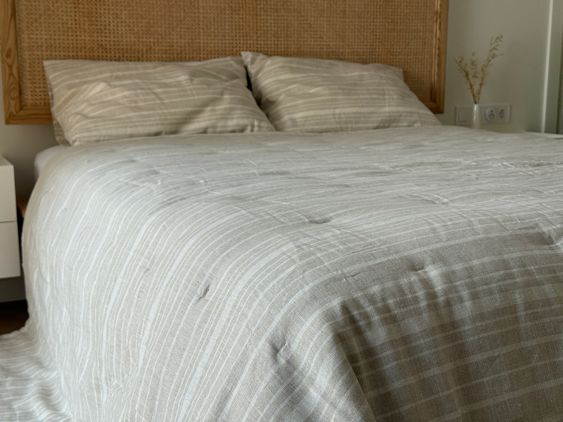 Organic Hemp Linen Quilt Blanket Hemp Fiber Fill, "Country stripes" quilted