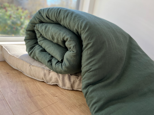 Organic HEMP Linen Comforter 300 gr.m2 Blanket Duvet Insert Linen fabric filled organic Hemp fiber in Forest Green linen Full Twin Queen King Custom Size