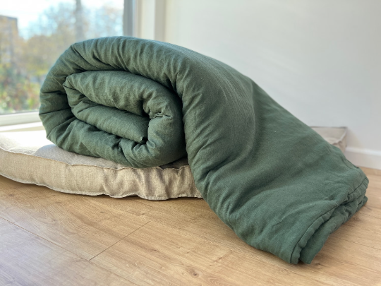 Organic HEMP Linen Comforter 300 gr.m2 Blanket Duvet Insert Linen fabric filled organic Hemp fiber in Forest Green linen Full Twin Queen King Custom Size