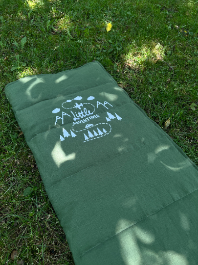 Toddler HEMP Linen Sleeping bag Green "Adventurer" School Nap Mat Kids organic Hemp Fiber Filling in Linen Fabric Blanket Hand Made