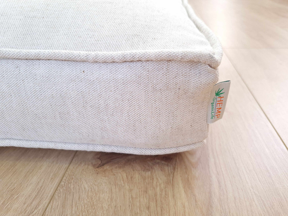 Hemp Custom made Window Mudroom Floor bench cushion with removable linen cover, with a lace, without stitches filled organic hemp fiber in natural non-dyed cotton fabric
