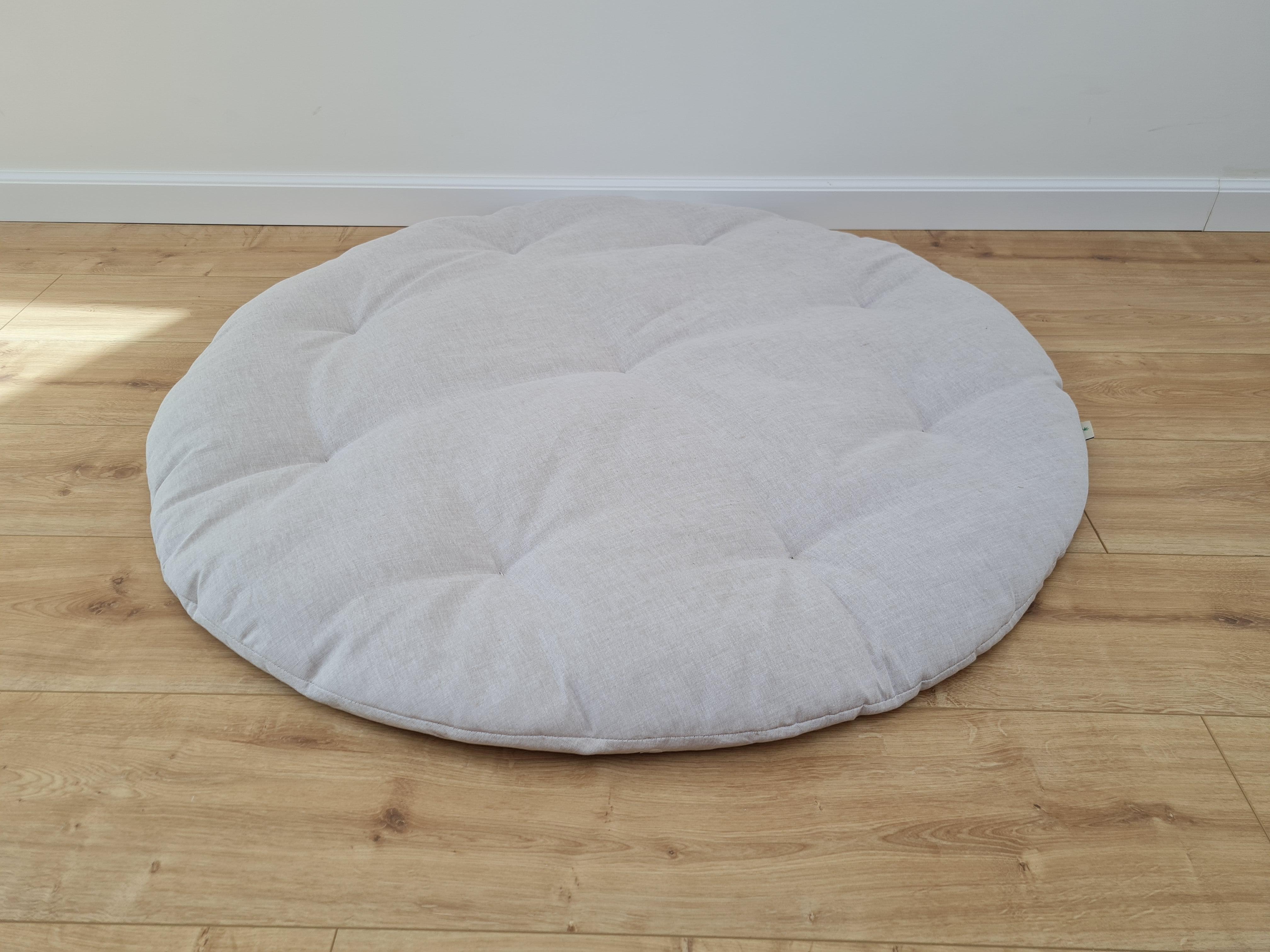 Hemp Linen 1" (2.5 cm) thick Round Play Mat Filled HEMP Fiber in non-dyed linen fabric baby crawling & play Mat Activity Tummy time mat