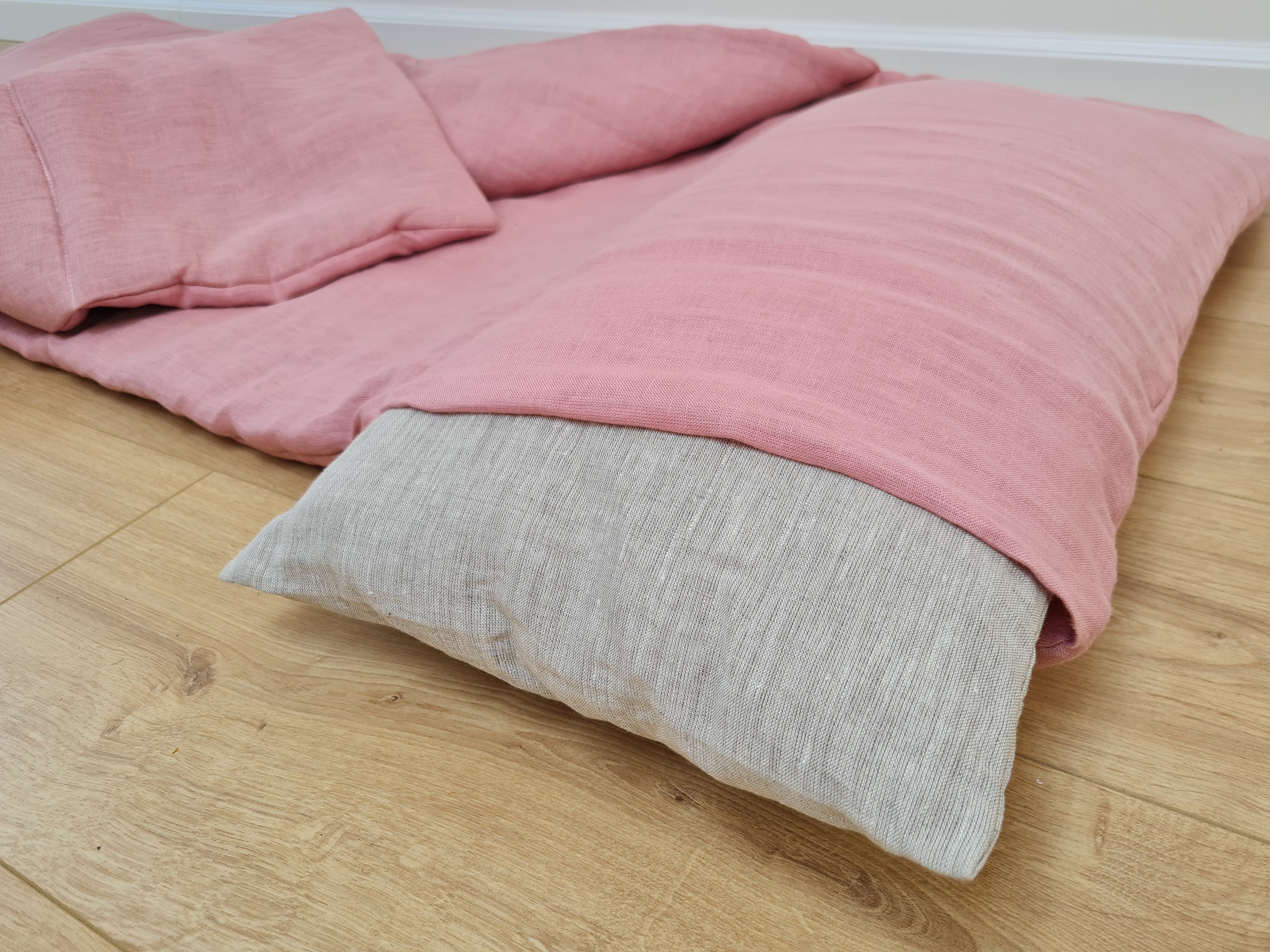 Kindergarten Hemp Linen Sleeping Bag with Pillow School Nap Mat Kids Organic Hemp Fiber Filling in coral pink Linen Fabric hand made