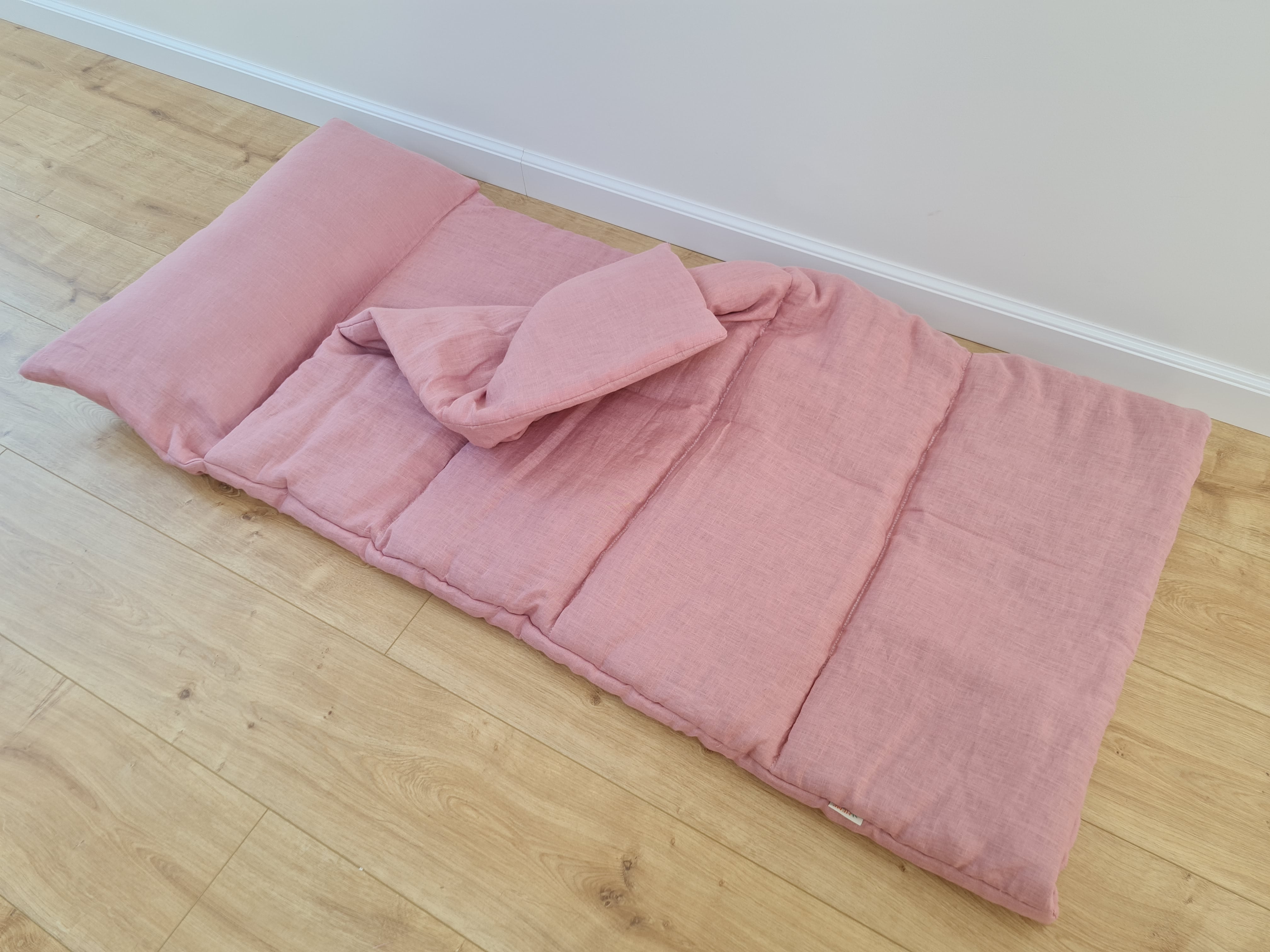 Kindergarten Hemp Linen Sleeping Bag with Pillow School Nap Mat Kids Organic Hemp Fiber Filling in coral pink Linen Fabric hand made