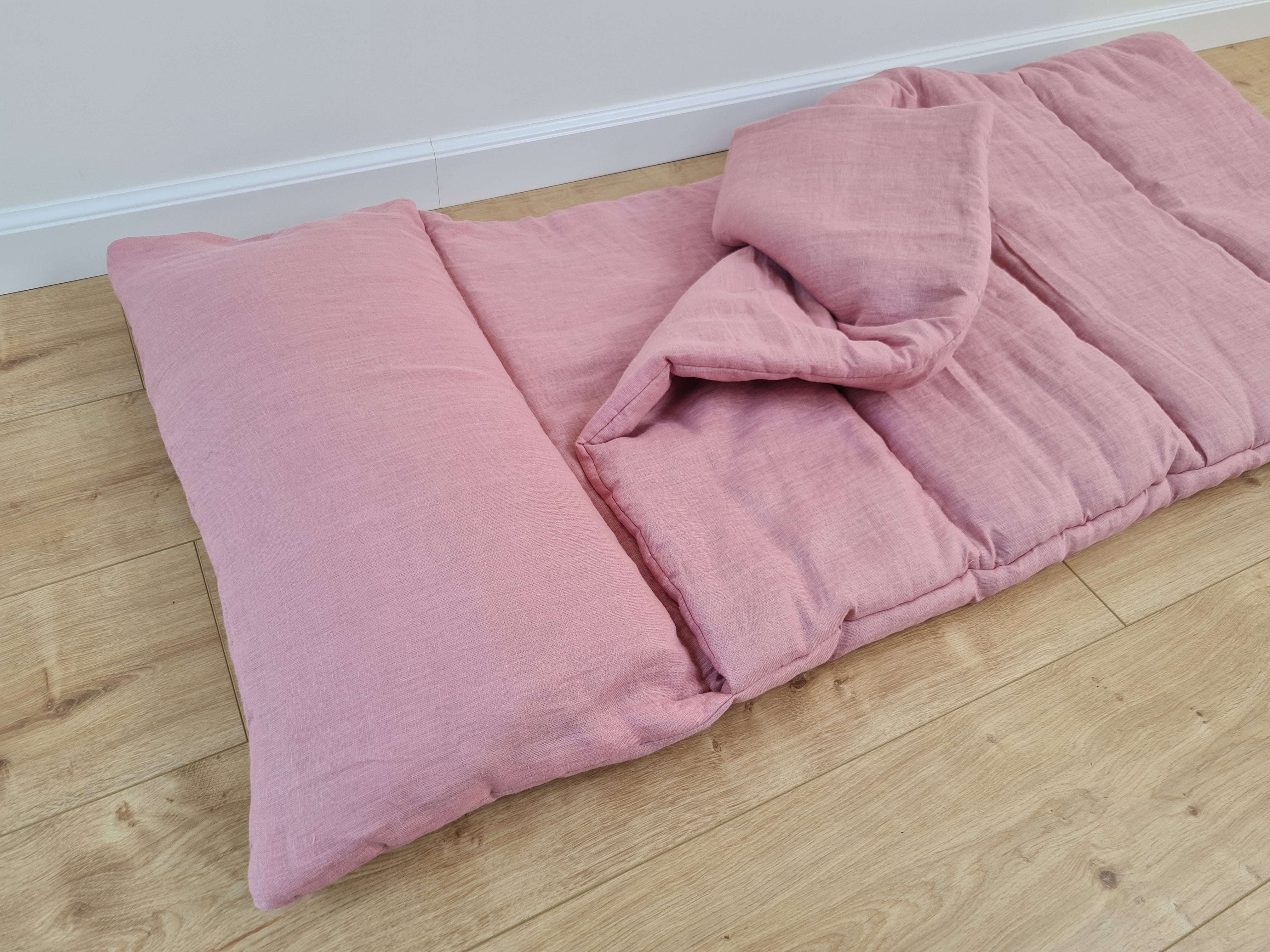 Kindergarten Hemp Linen Sleeping Bag with Pillow School Nap Mat Kids Organic Hemp Fiber Filling in coral pink Linen Fabric hand made