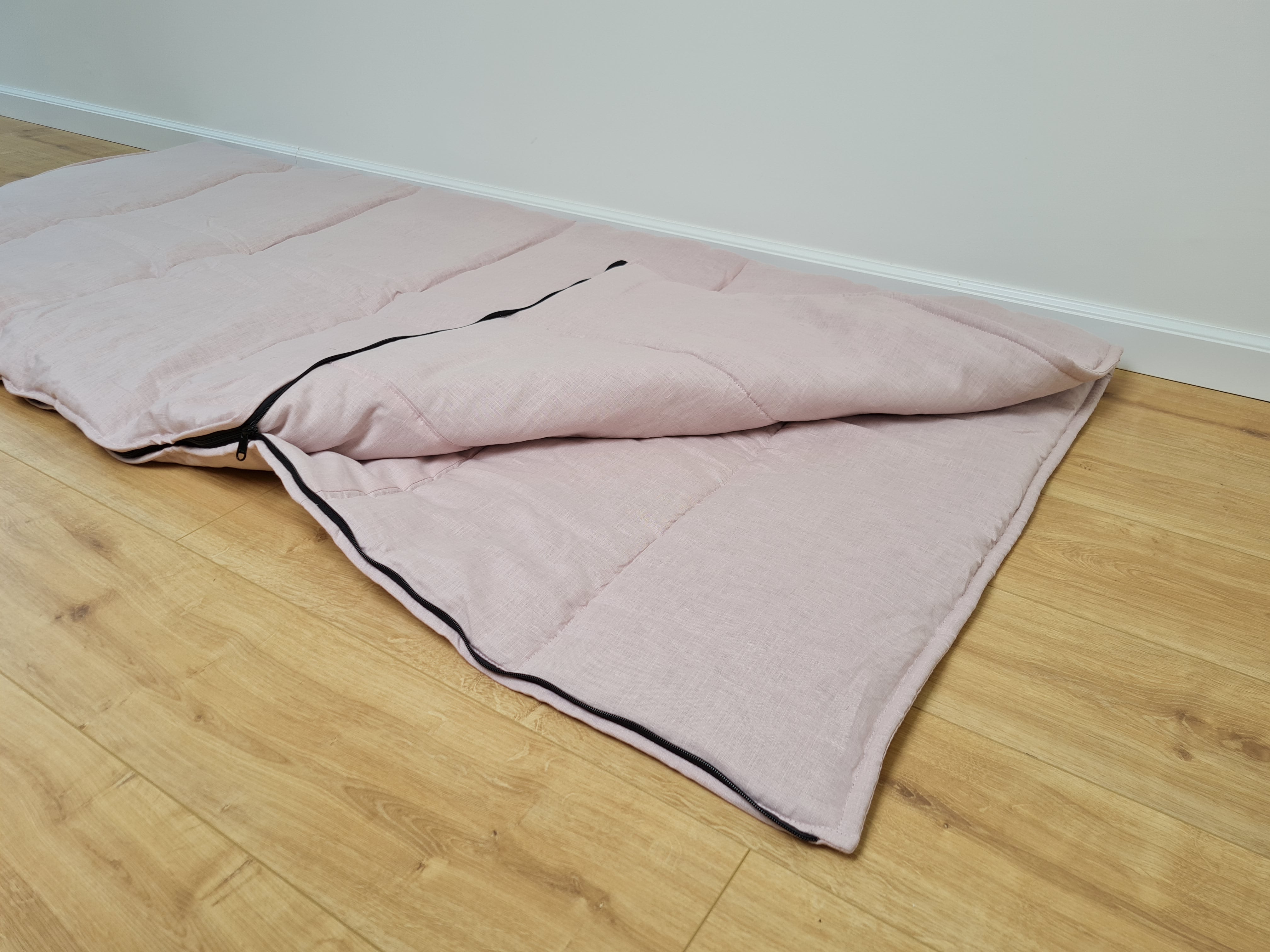 Thick HEMP Sleeping bag in washed ashen pink linen fabric- organic hemp fiber filling + linen fabric - blanket quilt, hand made
