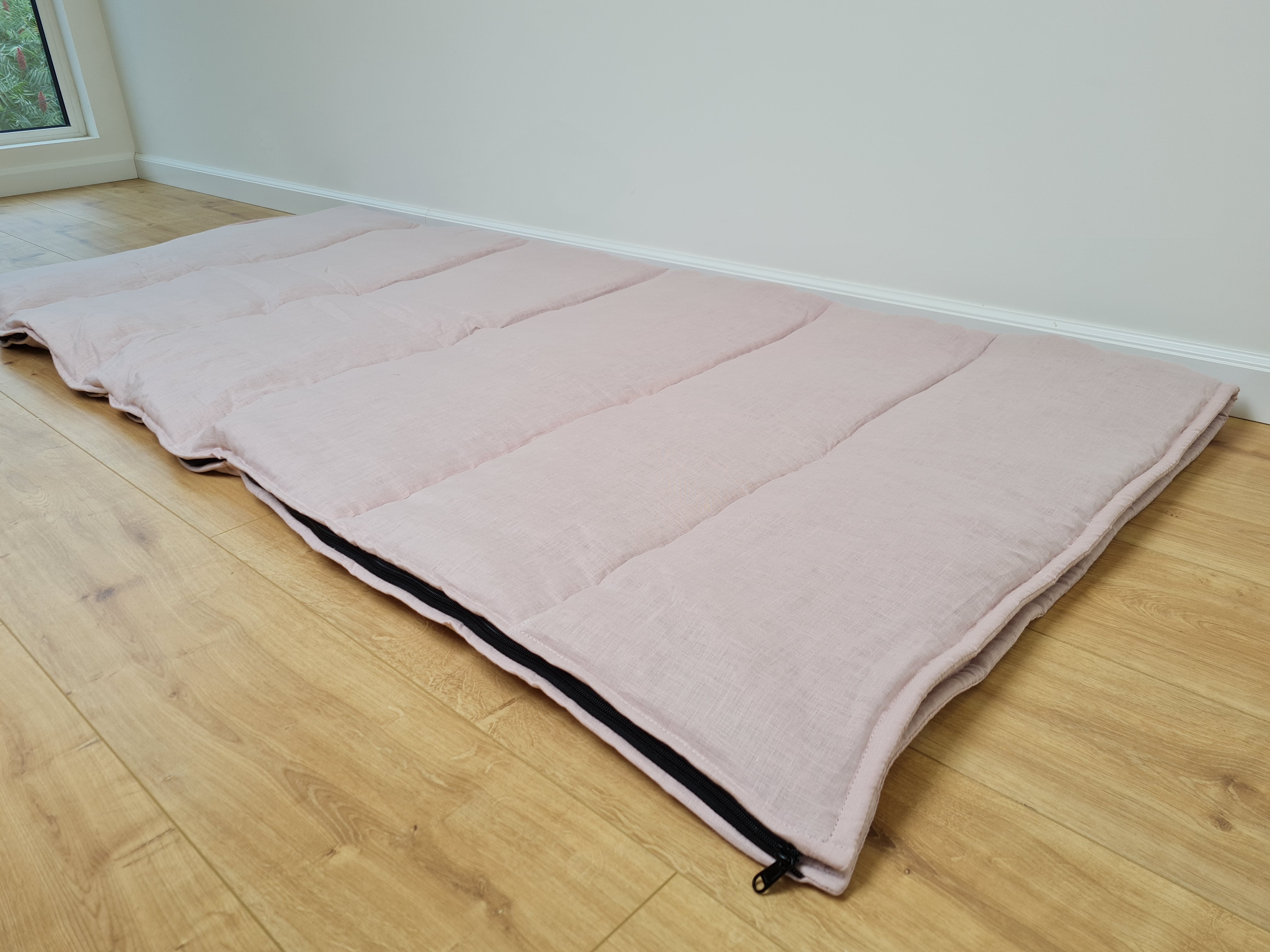 Thick HEMP Sleeping bag in washed ashen pink linen fabric- organic hemp fiber filling + linen fabric - blanket quilt, hand made