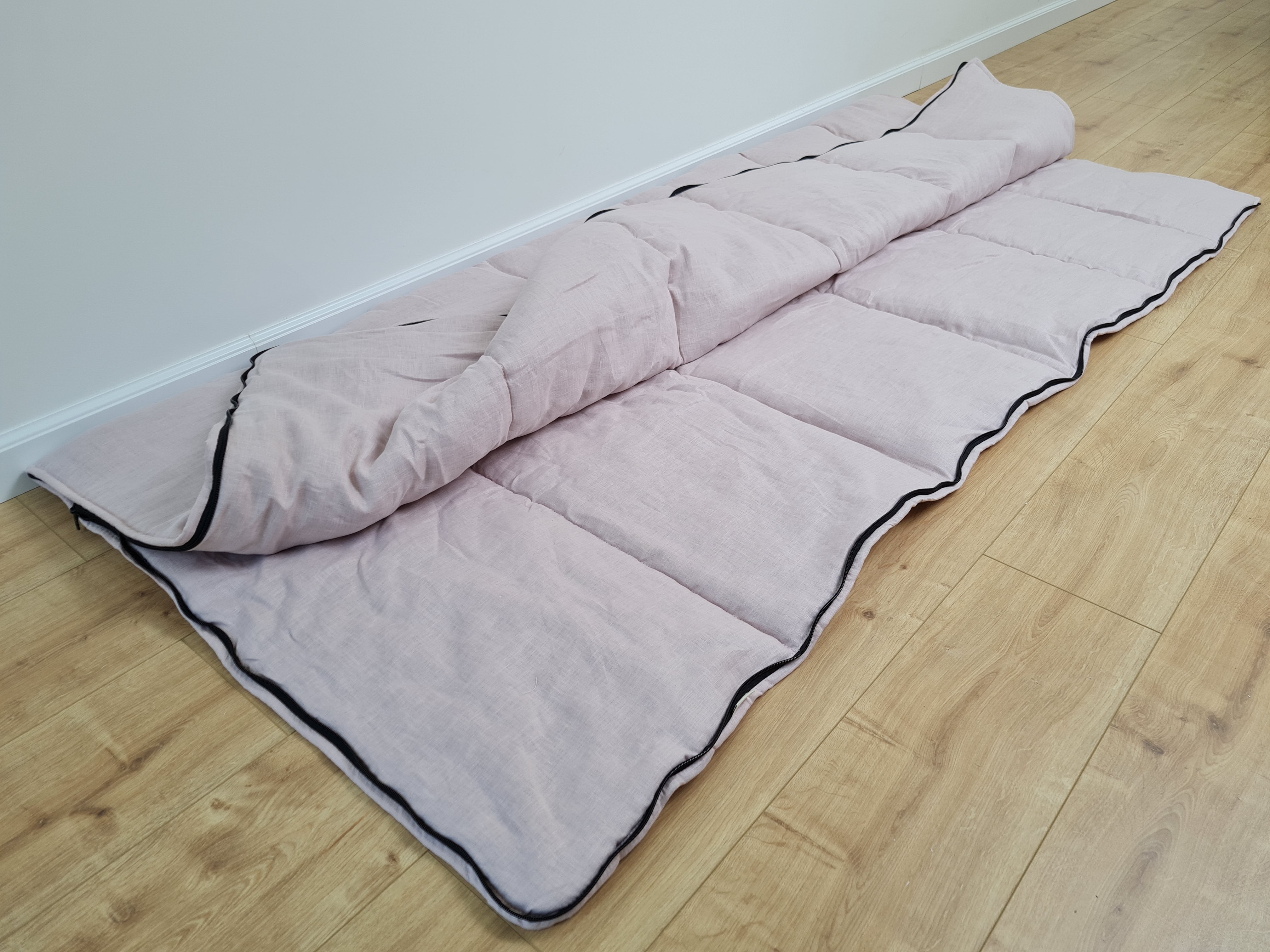 Thick HEMP Sleeping bag in washed ashen pink linen fabric- organic hemp fiber filling + linen fabric - blanket quilt, hand made
