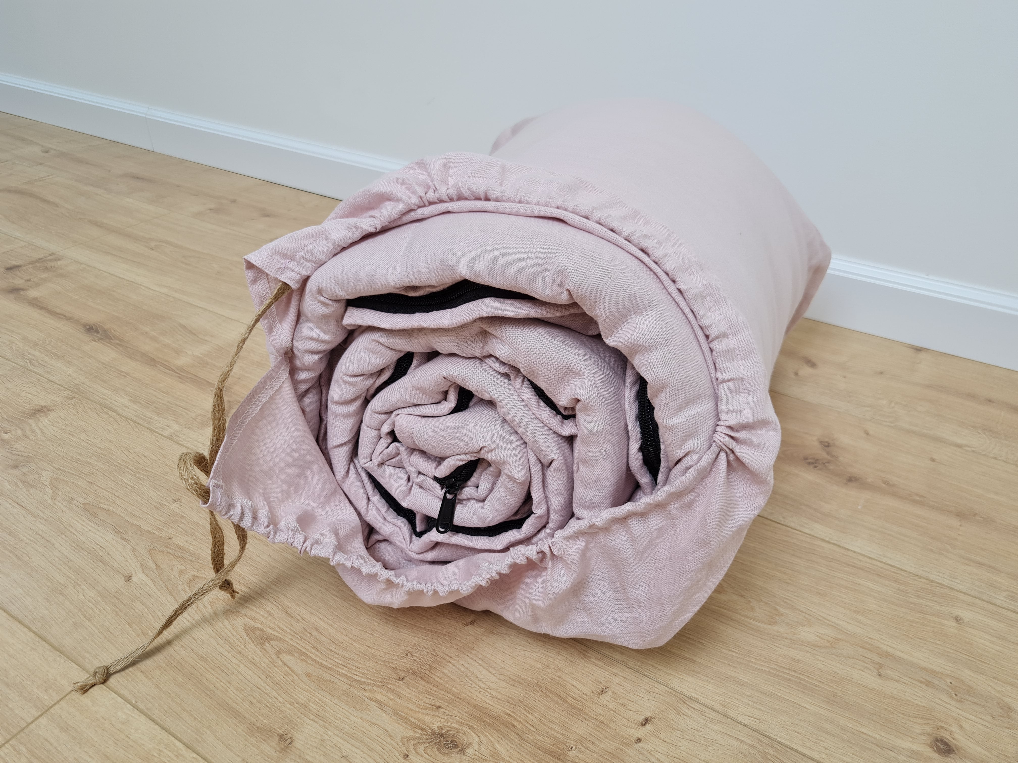 Thick HEMP Sleeping bag in washed ashen pink linen fabric- organic hemp fiber filling + linen fabric - blanket quilt, hand made