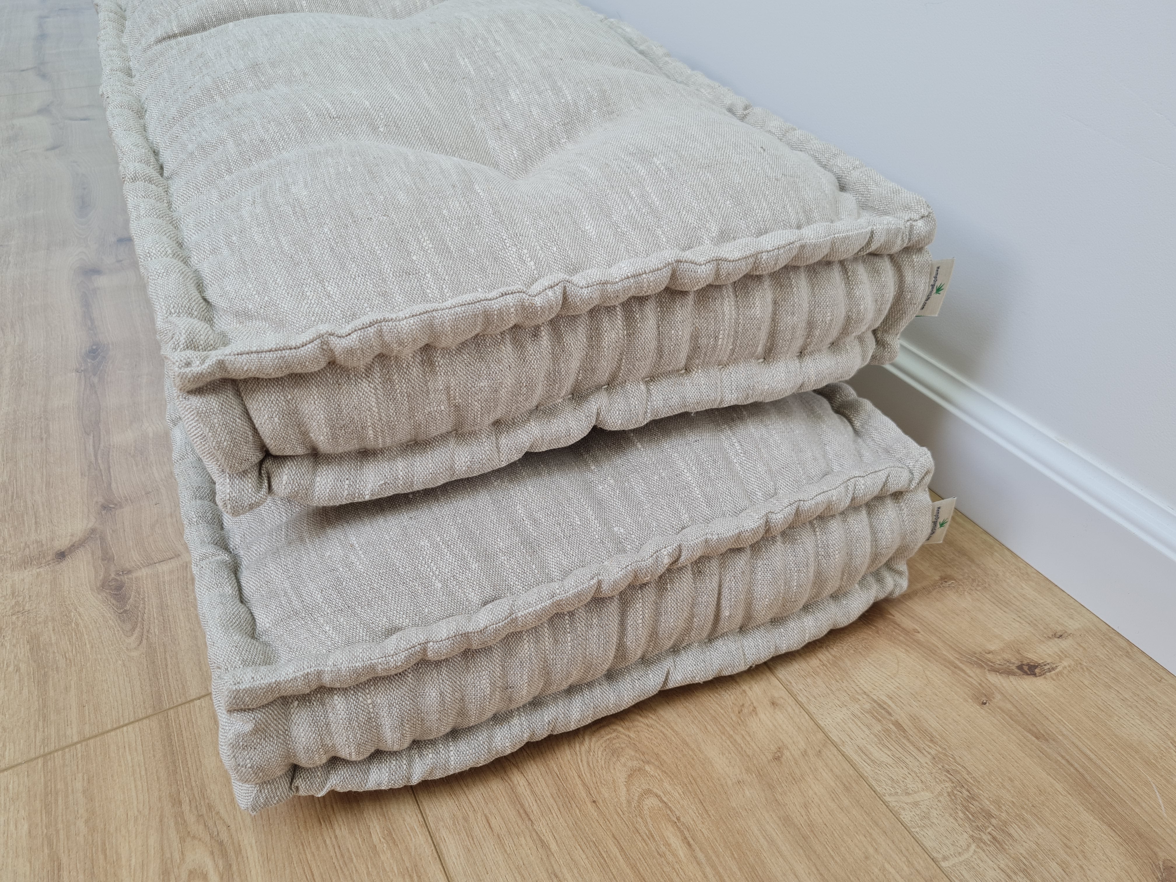 Hemp Custom madeWindow Mudroom Floor bench cushion filled organic hemp fiber in natural non-dyed light gray linen fabric all natural pillow