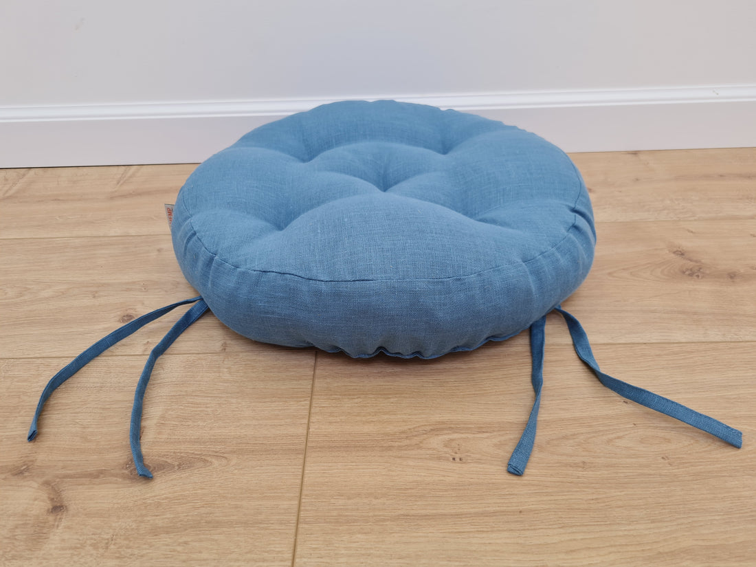 Round Hemp cushion with ties Hemp fiber in blue linen fabric natural organic Floor cushion / Window cushions custom made size