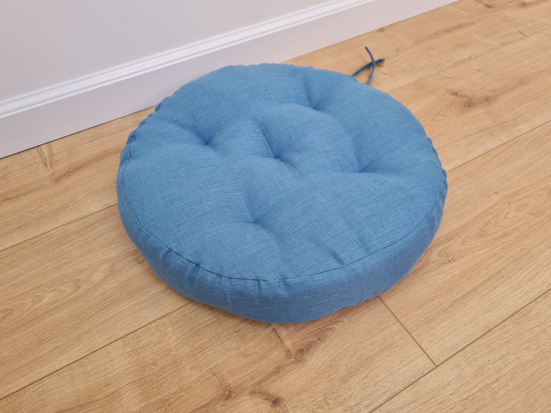 Round Hemp cushion with ties Hemp fiber in blue linen fabric natural organic Floor cushion / Window cushions custom made size