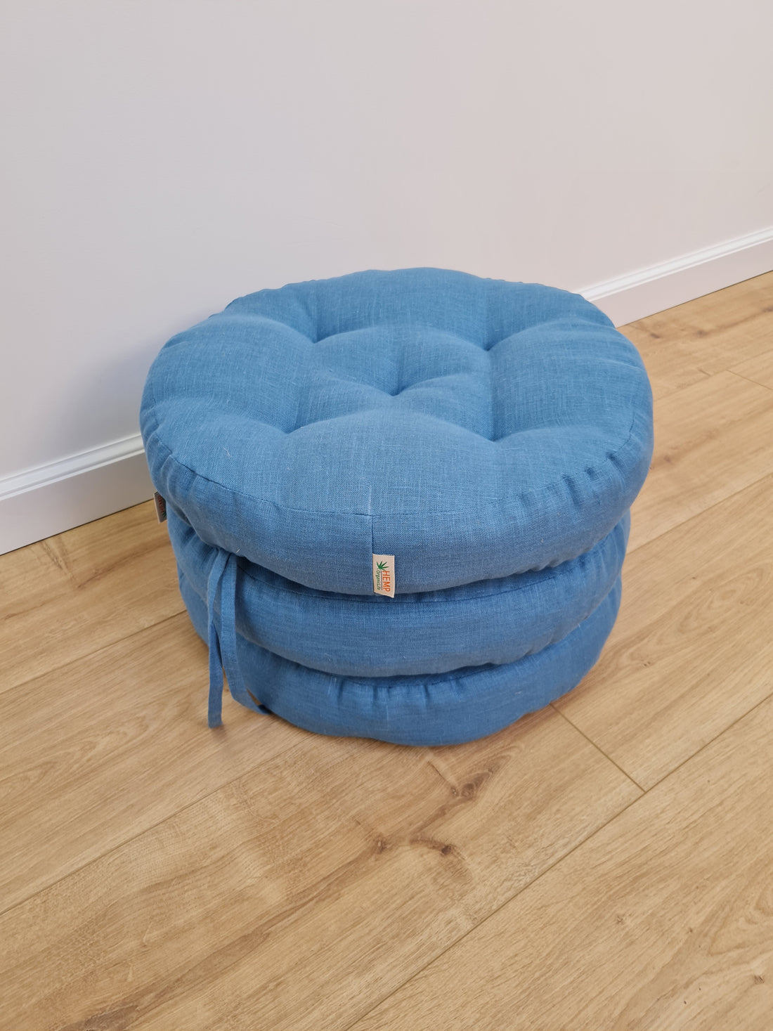 Round Hemp cushion with ties Hemp fiber in blue linen fabric natural organic Floor cushion / Window cushions custom made size