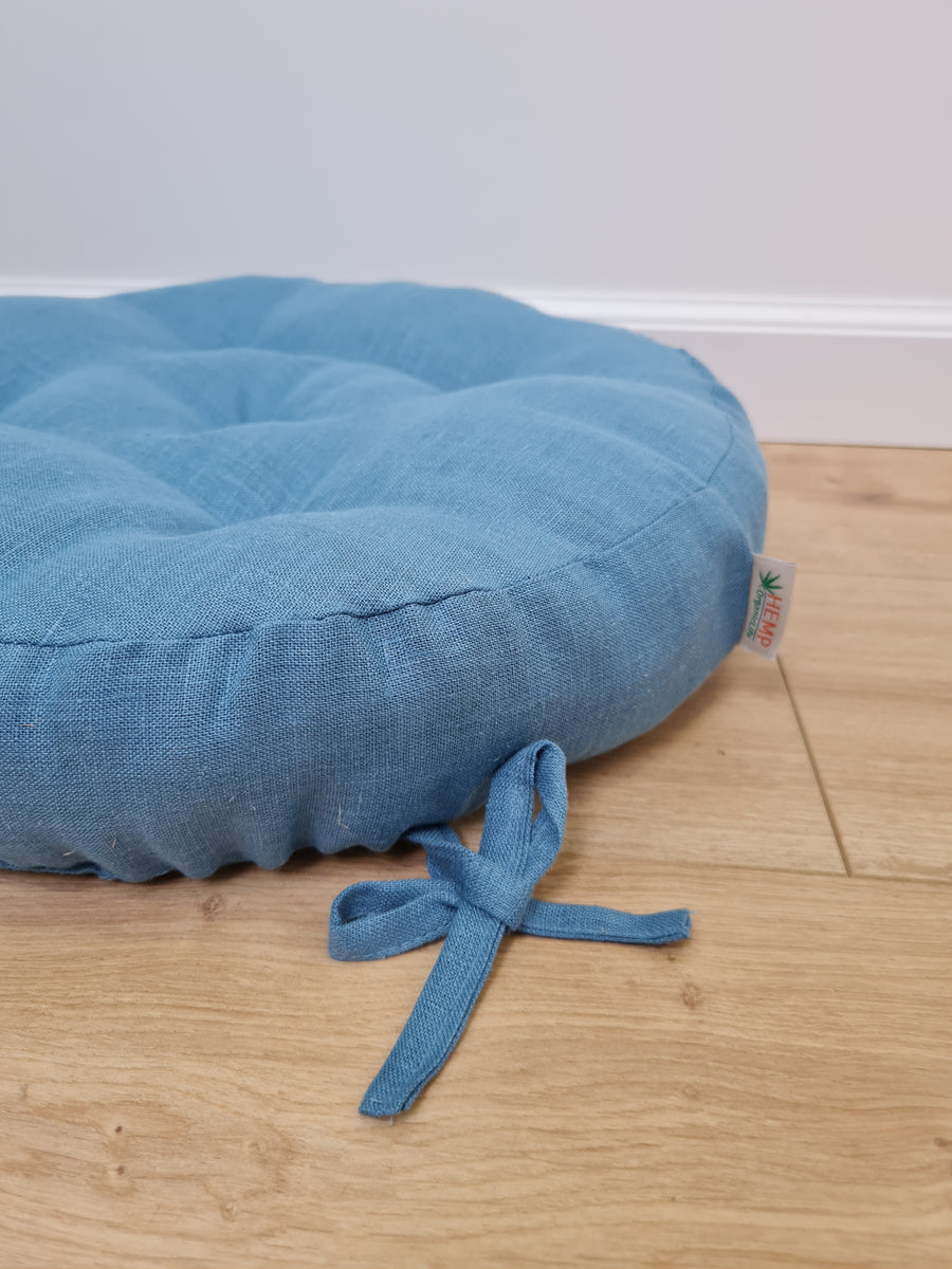 Round Hemp cushion with ties Hemp fiber in blue linen fabric natural organic Floor cushion / Window cushions custom made size