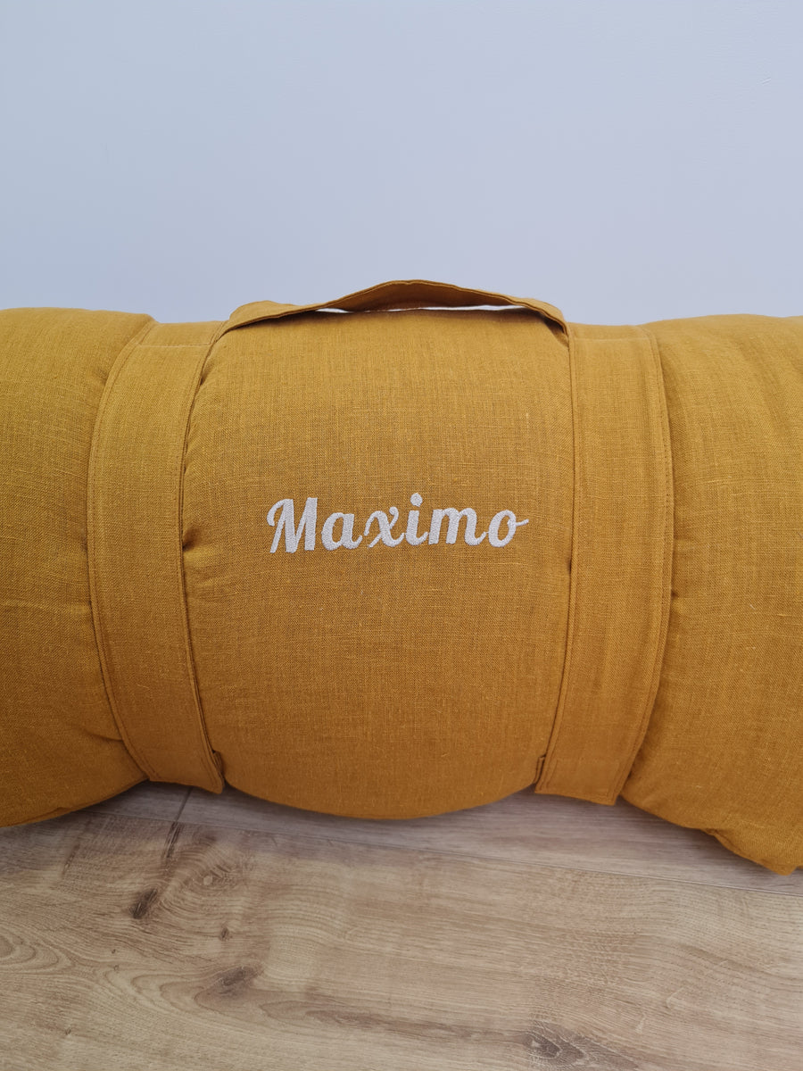 Kindergarten Hemp Linen Sleeping Bag with Pillow School Nap Mat Kids Organic Hemp Fiber Filling in mustard Linen Fabric hand made