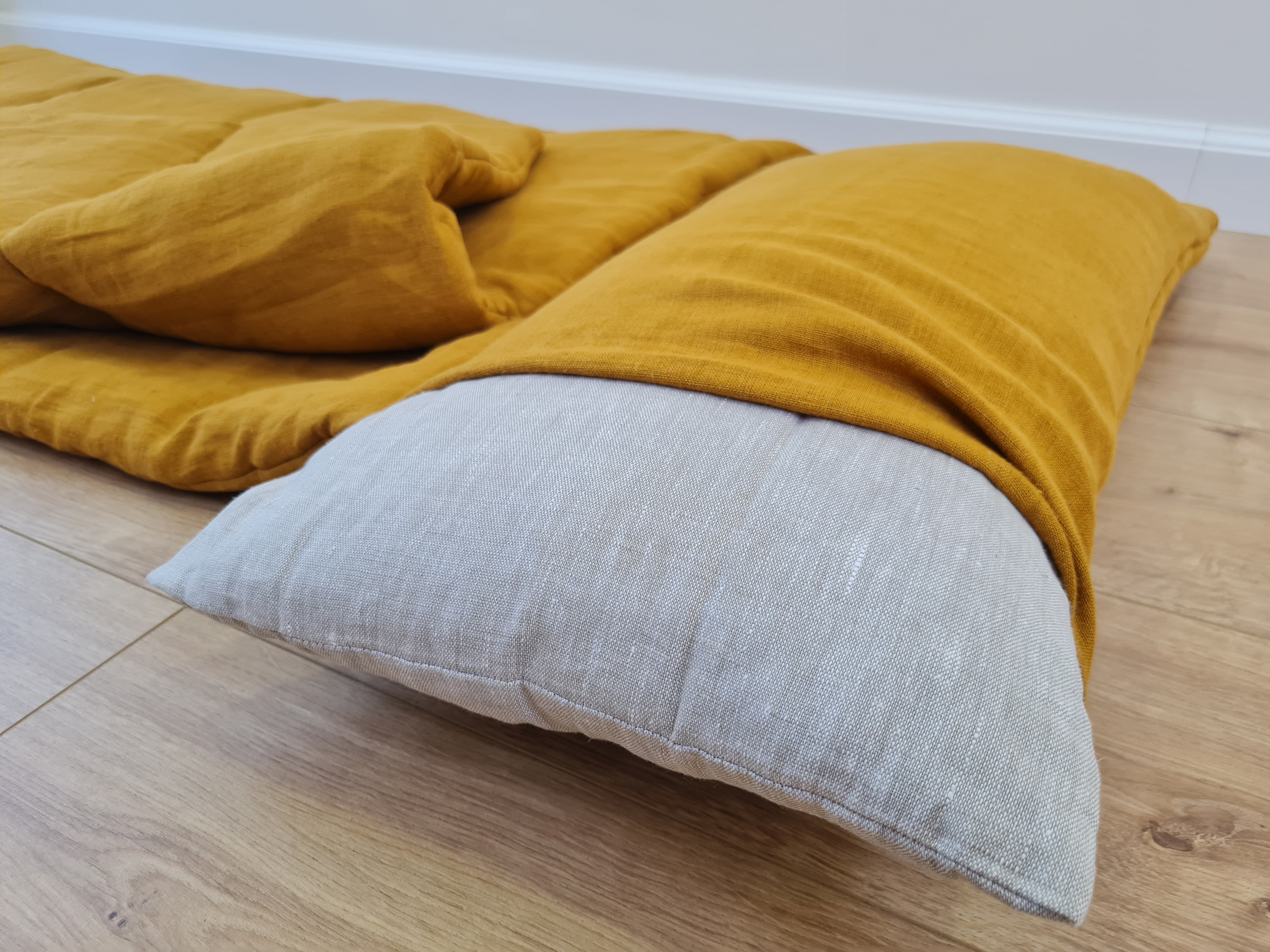 Special listing for Casey Heitmann one 38"L x 26" W hemp sleeping bag with pillow in mustard linen fabric, with white thread embroidery of the Rowen name, with a grey mat inside 2.3" thick
