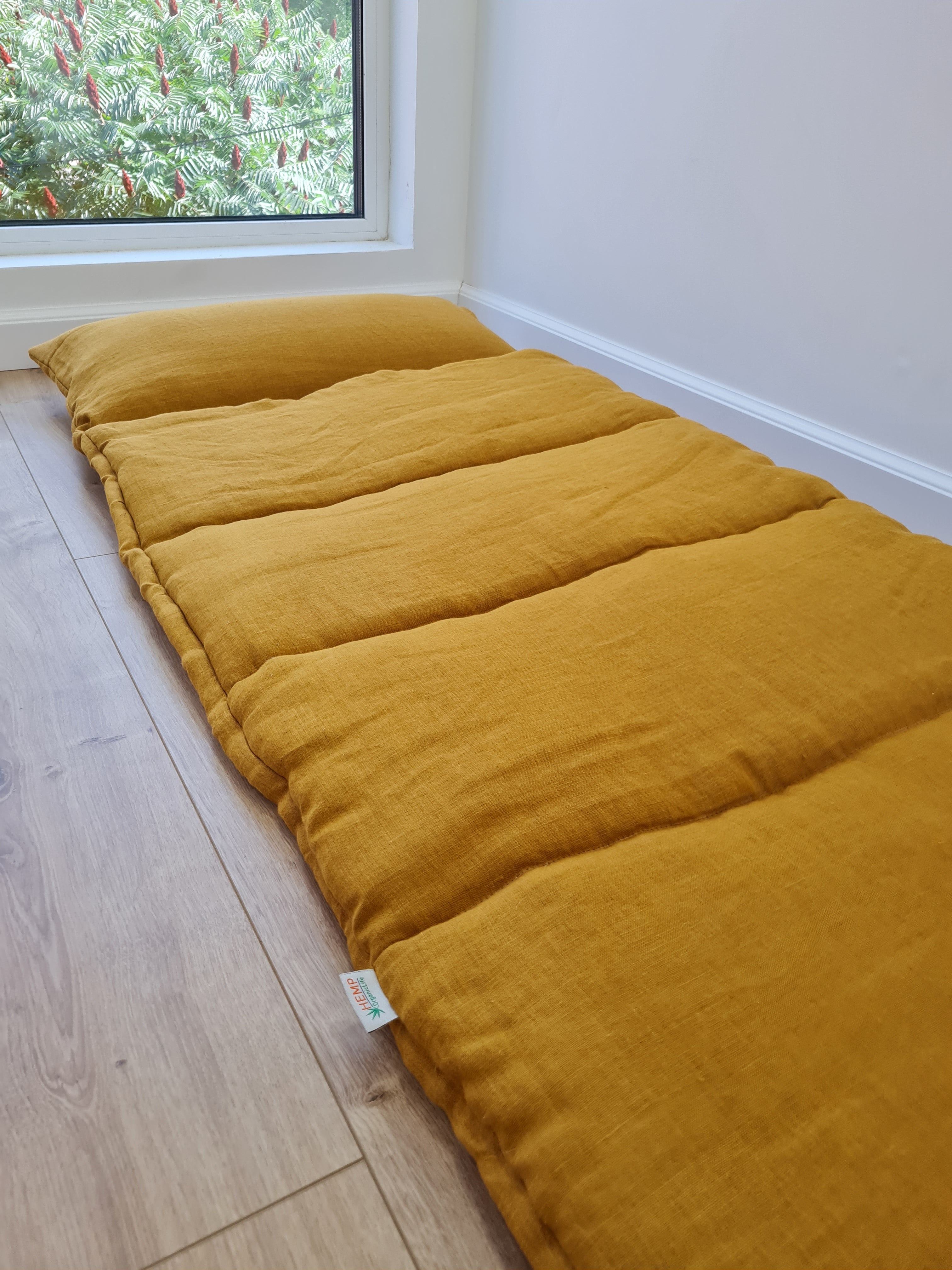 Kindergarten Hemp Linen Sleeping Bag with Pillow School Nap Mat Kids Organic Hemp Fiber Filling in mustard Linen Fabric hand made