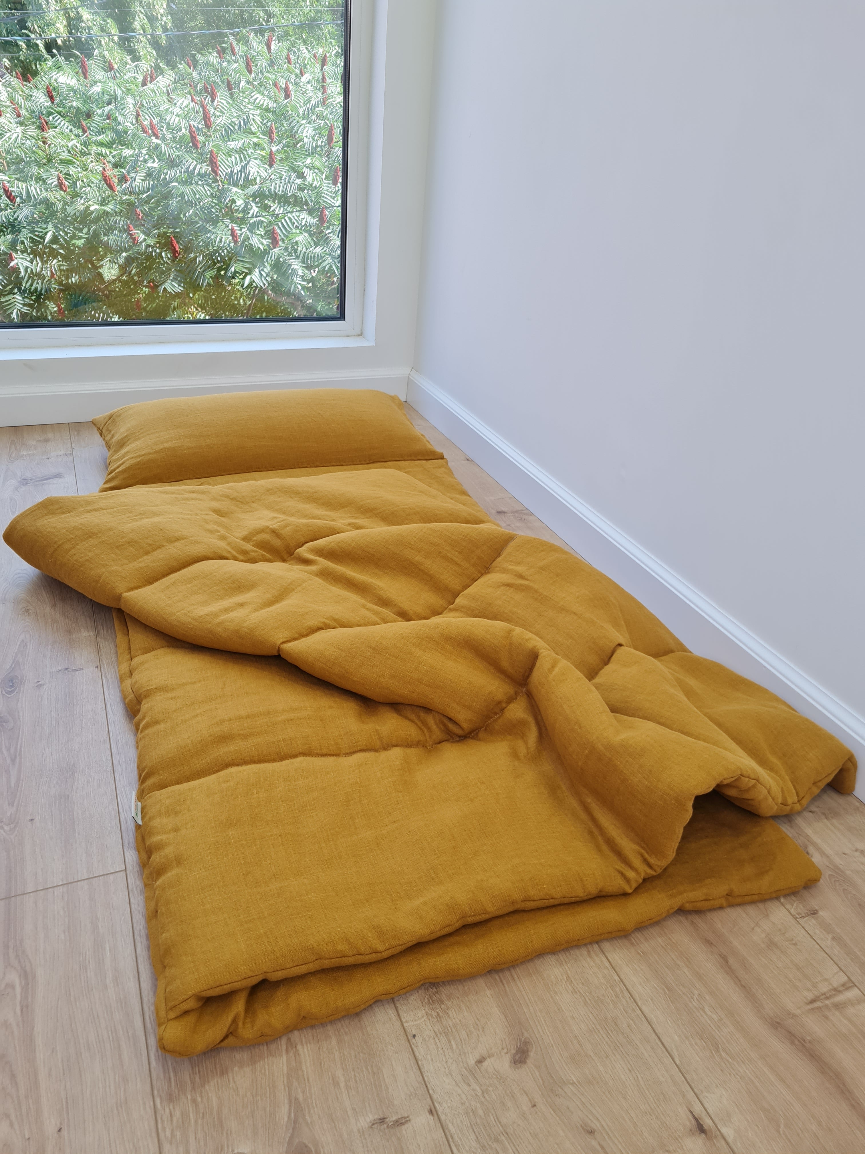 Kindergarten Hemp Linen Sleeping Bag with Pillow School Nap Mat Kids Organic Hemp Fiber Filling in mustard Linen Fabric hand made