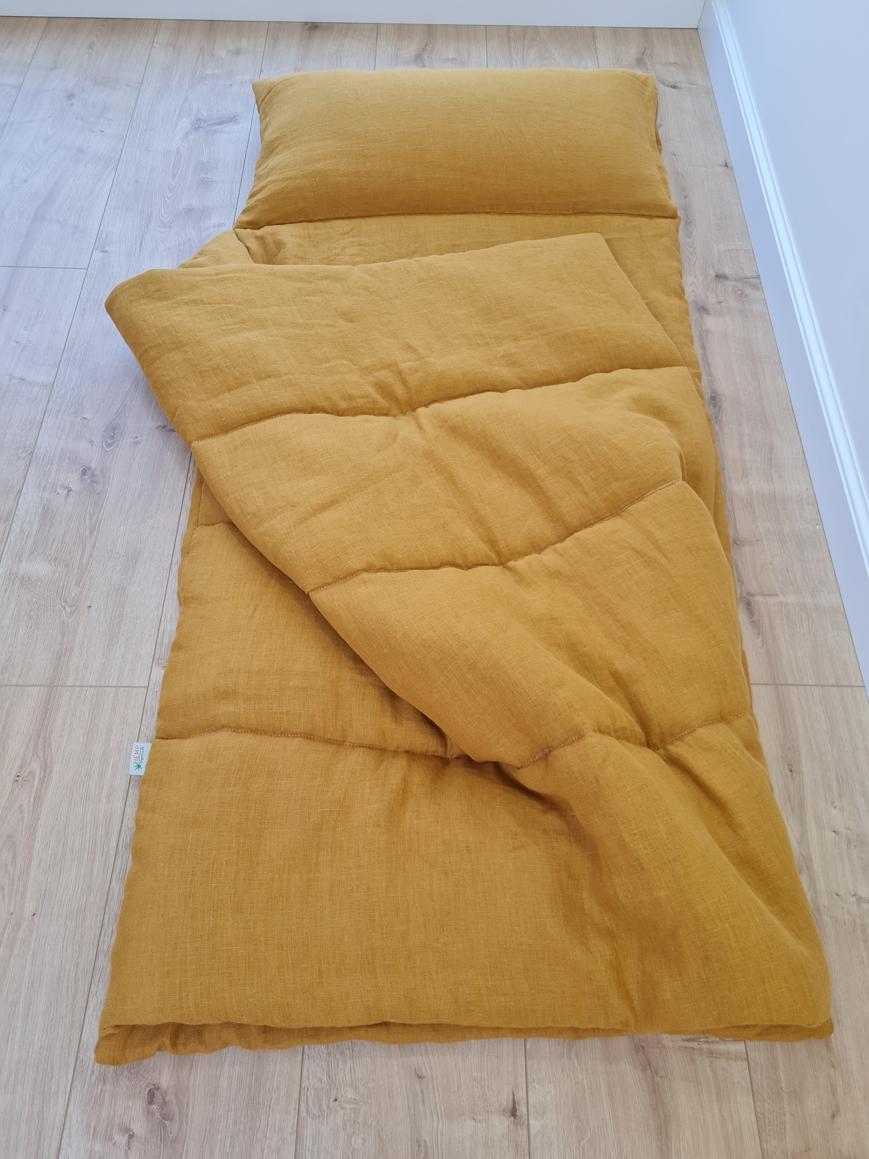 Kindergarten Hemp Linen Sleeping Bag with Pillow School Nap Mat Kids Organic Hemp Fiber Filling in mustard Linen Fabric hand made
